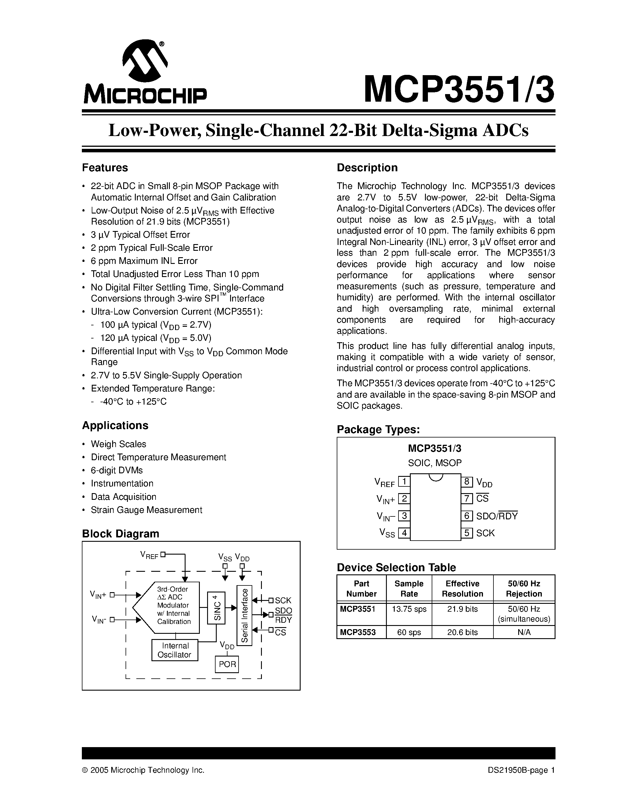 Datasheet MCP3551 - (MCP3551 / MCP3553) Low Power / Single-Channel 22-Bit Delta-Sigma ADCs page 1