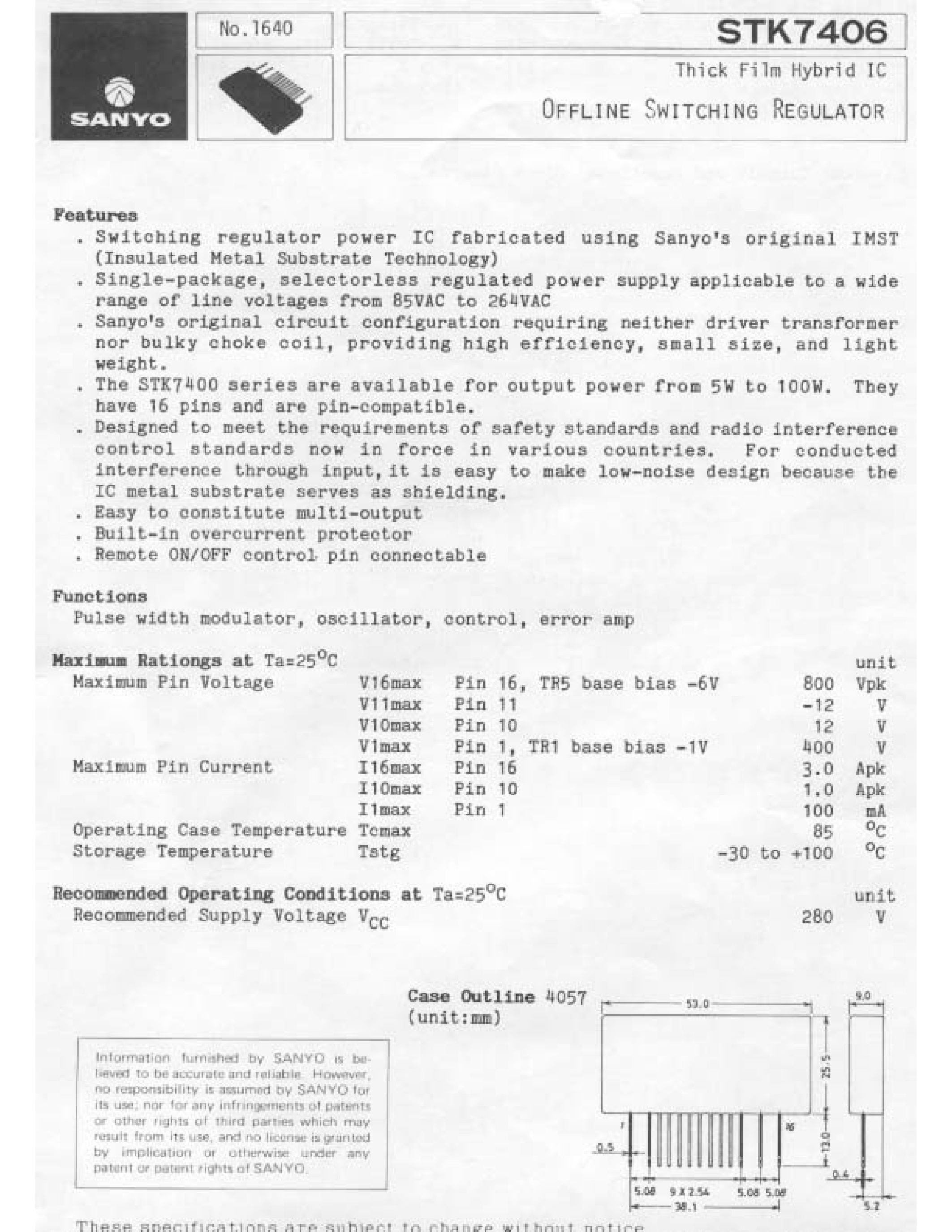 Datasheet STK7406 - Thick Film Hybrid IC Offline Switching Regulator page 1