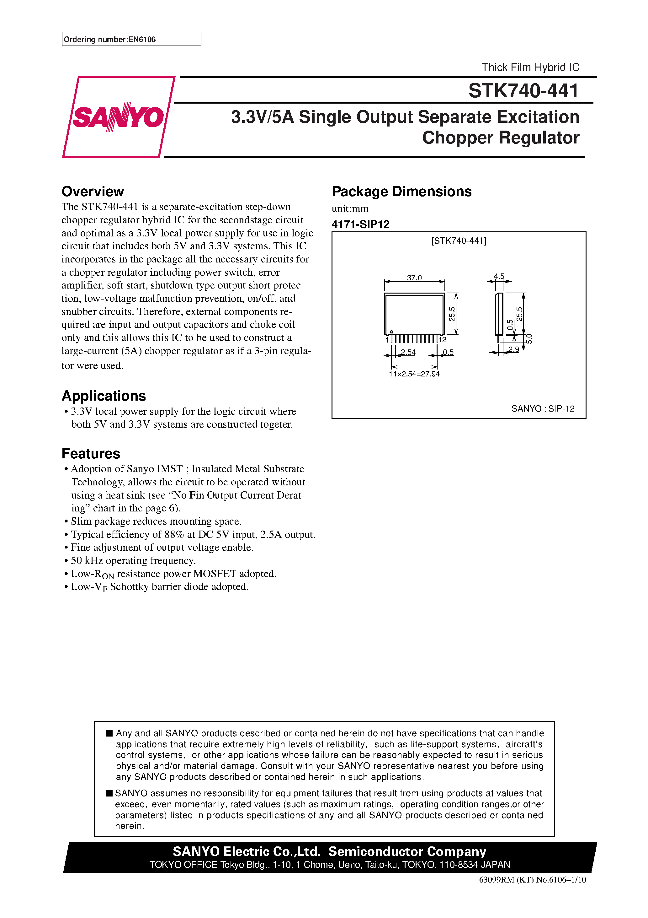 Datasheet STK740-441 - 3.3V/5A Single Output Separate Excitation Chopper Regulator page 1