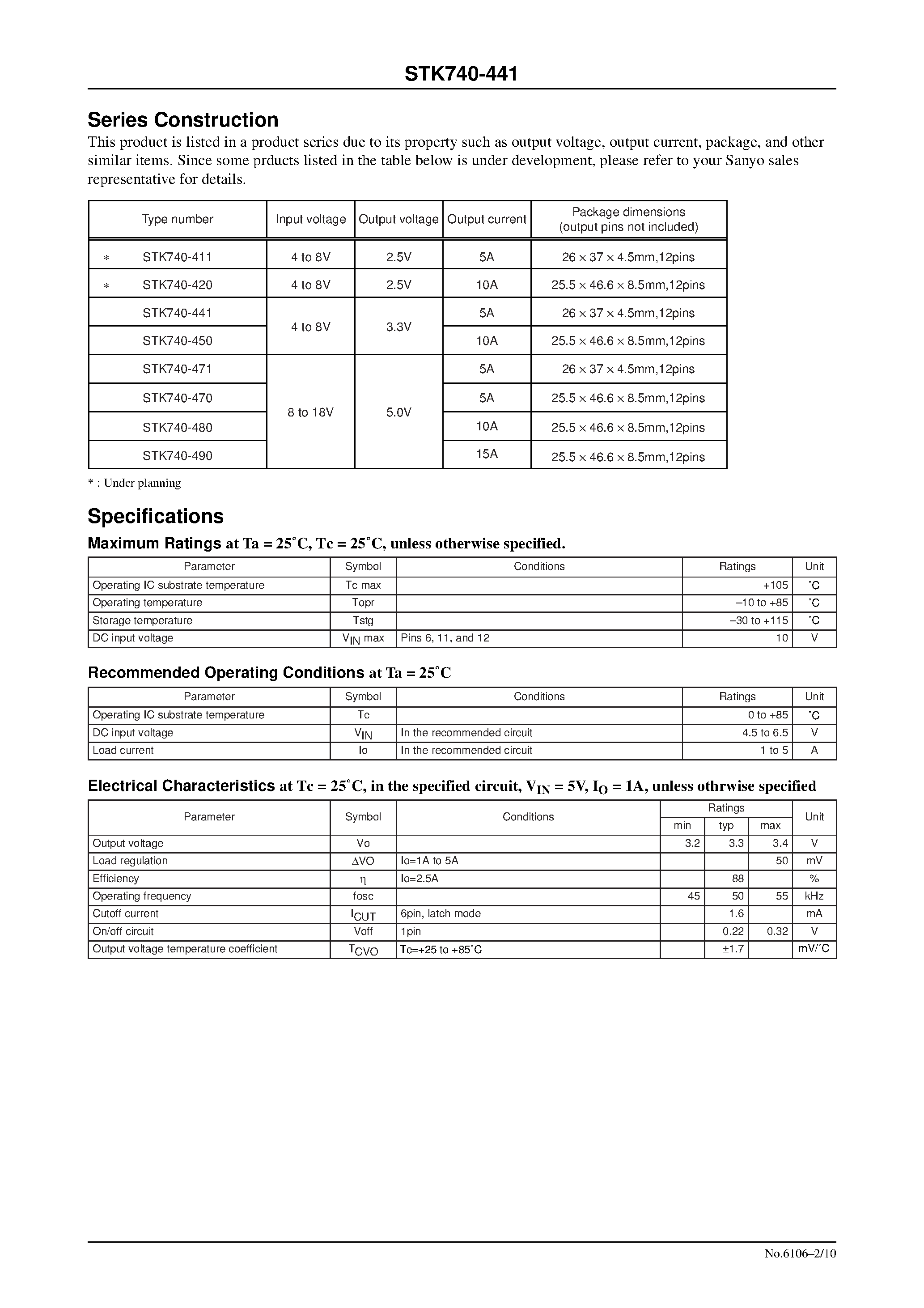 Datasheet STK740-441 - 3.3V/5A Single Output Separate Excitation Chopper Regulator page 2