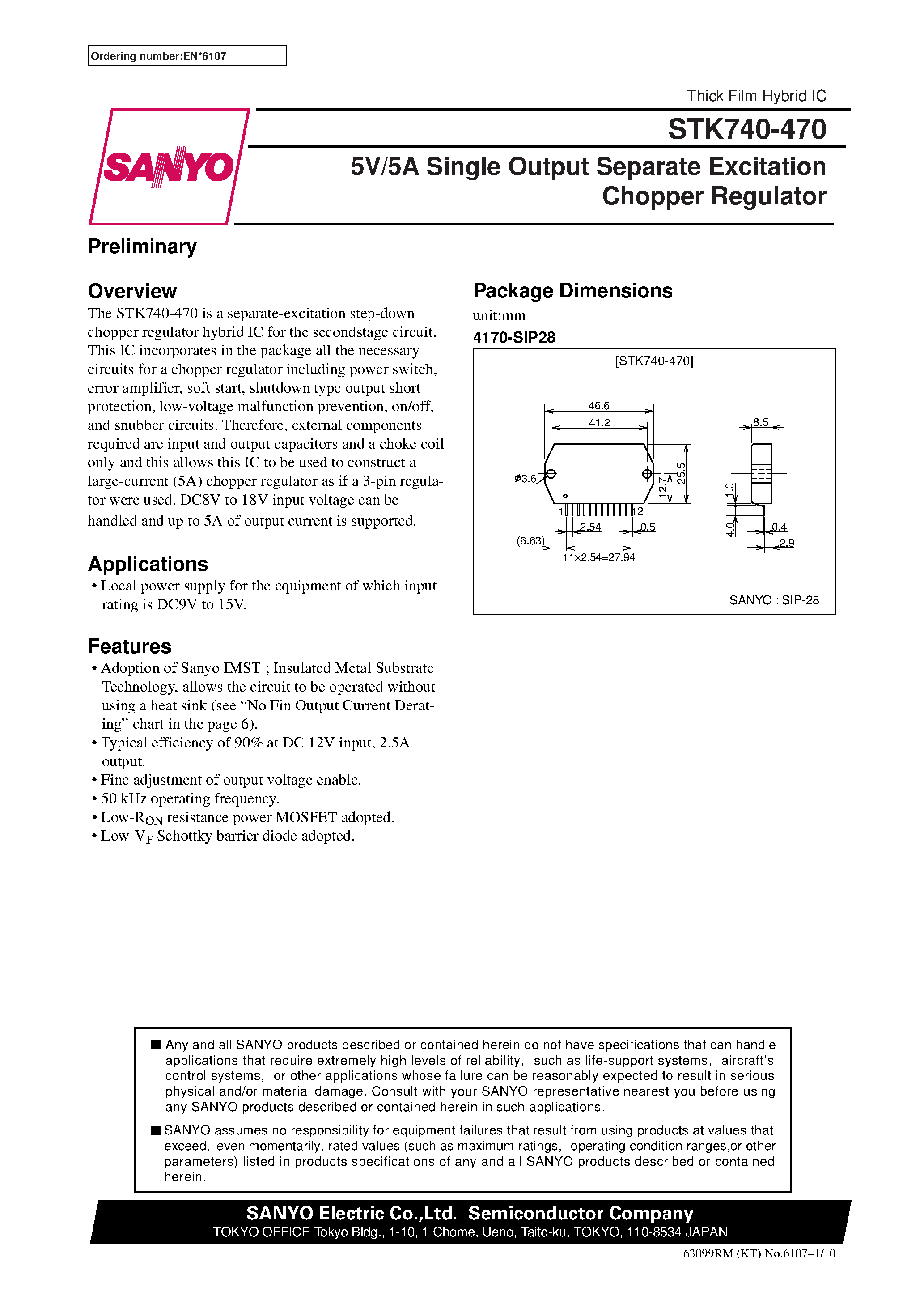 Datasheet STK740-470 - 5V/5A Single Output Separate Excitation Chopper Regulator page 1