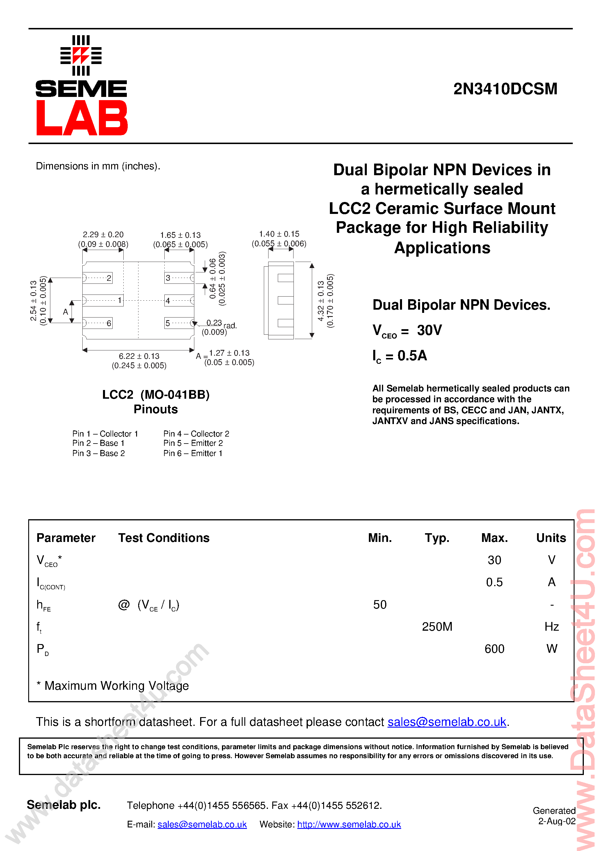 Даташит 2N3410DCSM - Dual Bipolar NPN Devices страница 1