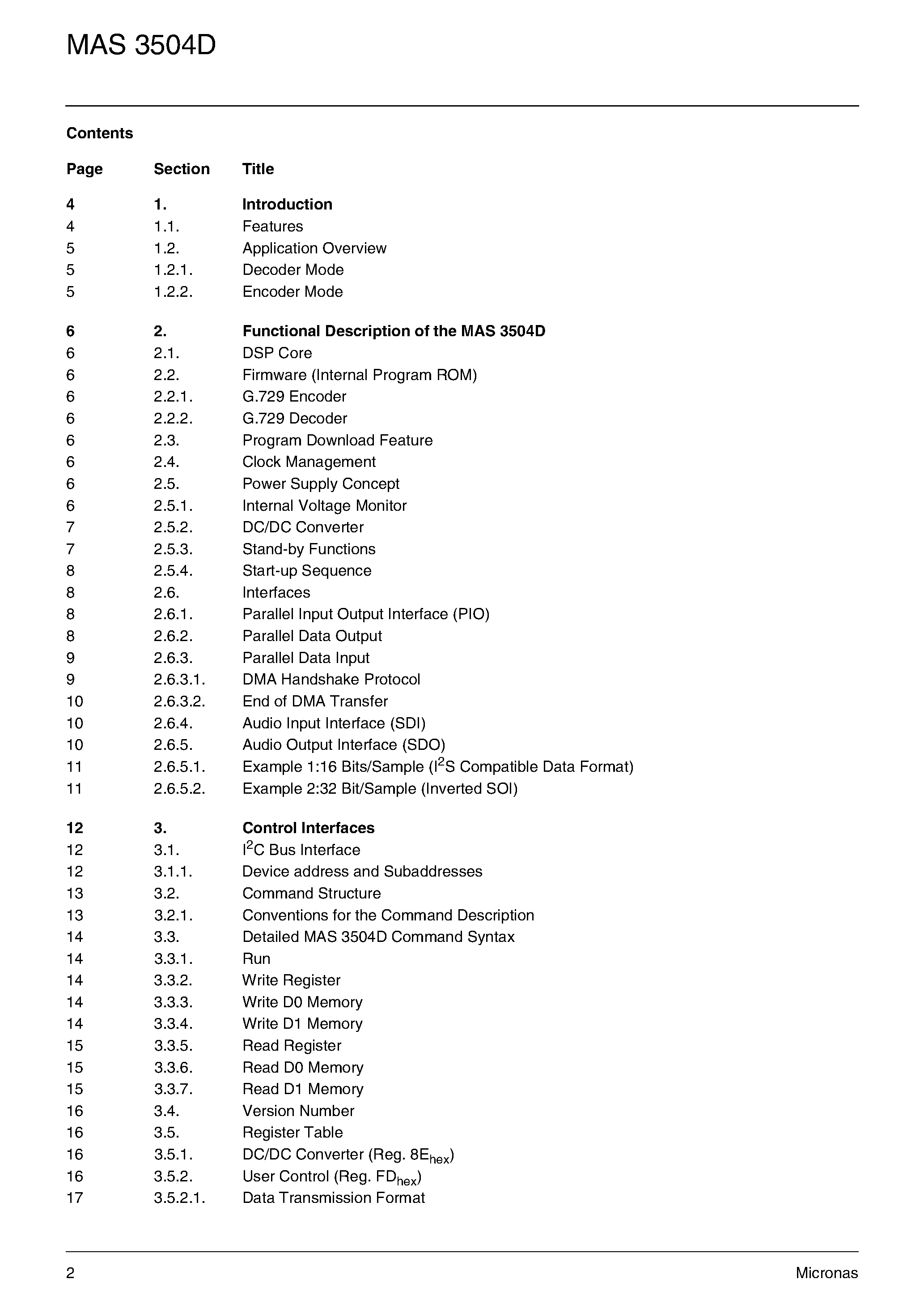 Datasheet MAS3504D - G.729 Annex a Voice Codec page 2