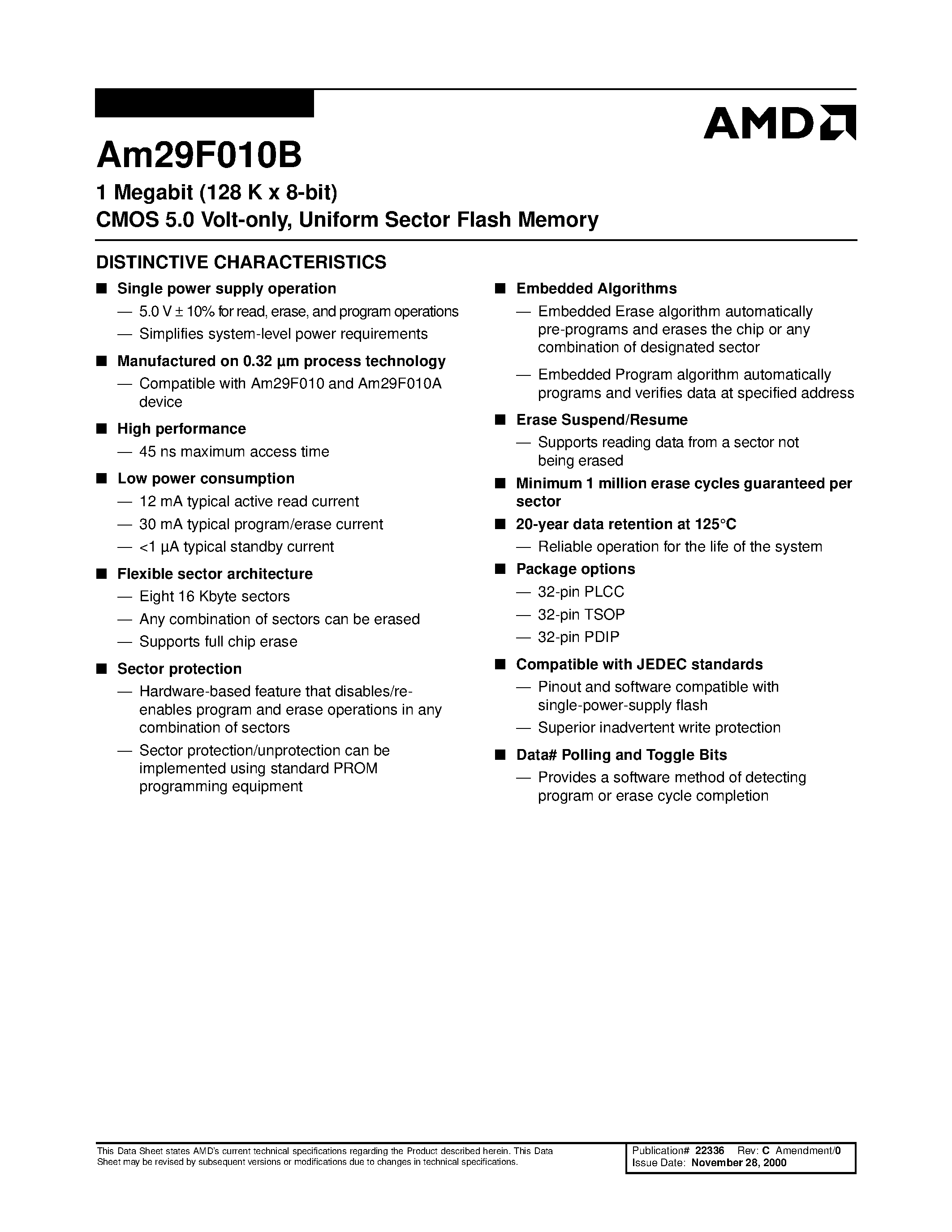 Даташит AMD29F010B - 1 Megabit (128 K x 8-bit) CMOS 5.0 Volt-only / Uniform Sector Flash Memory страница 1