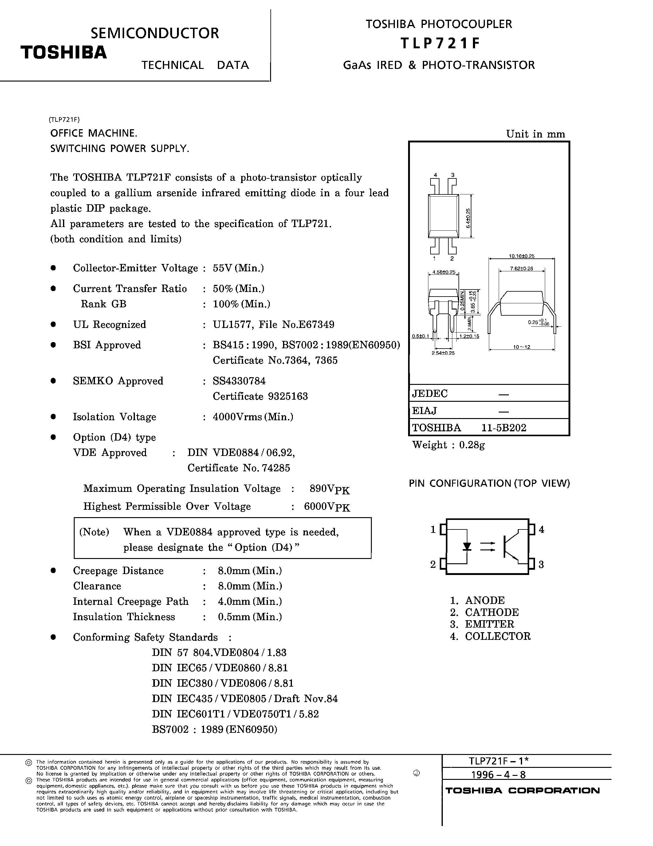 Даташит TLP721F - OFFICE MACHINE SWITCHING POWER SUPPLY страница 1