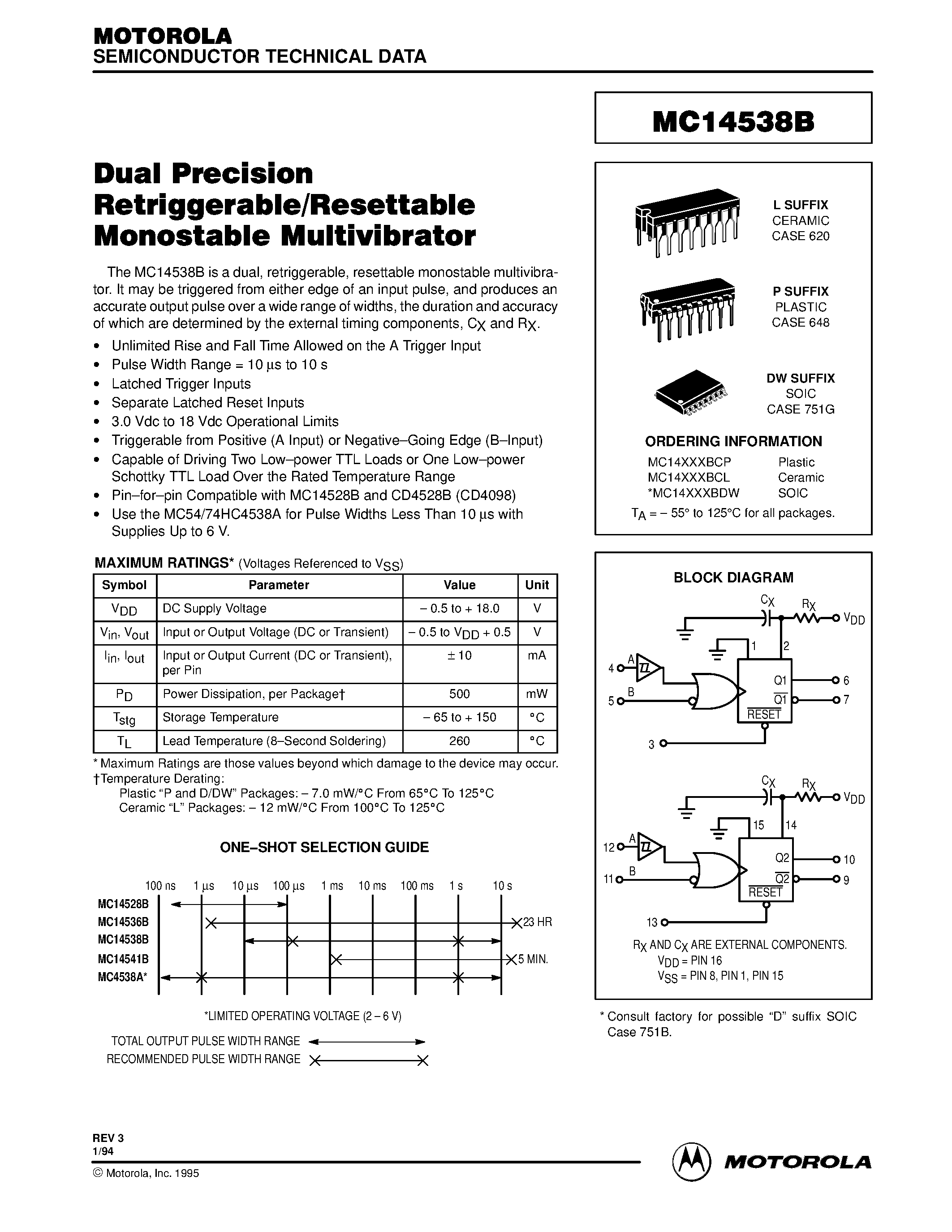 Даташит MC14538B - Dual Precision Retriggerable/Resettable Monostable Multivibrator страница 1