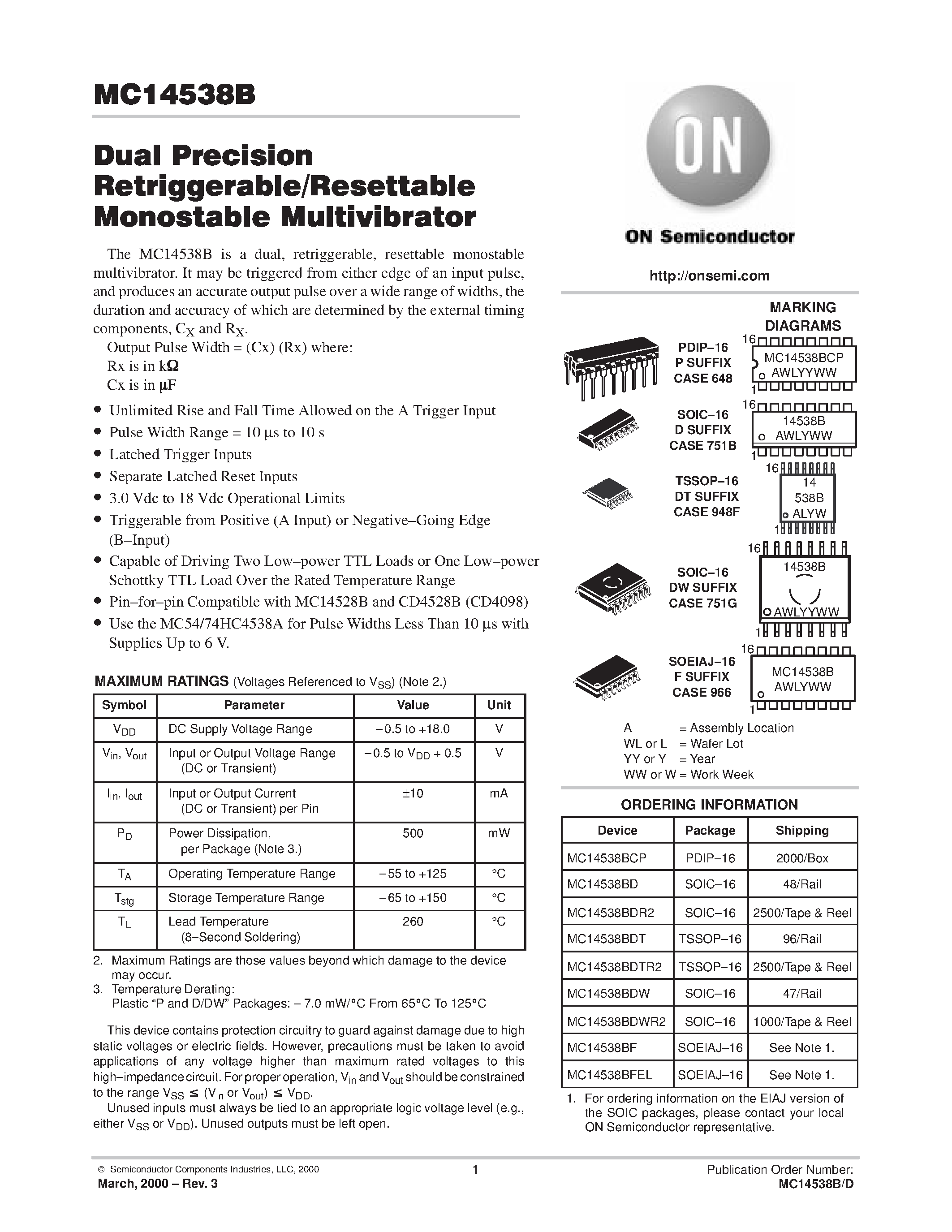 Даташит MC14538B - Dual Precision Retiggerable/Resettable Monostable Multivibrator страница 1