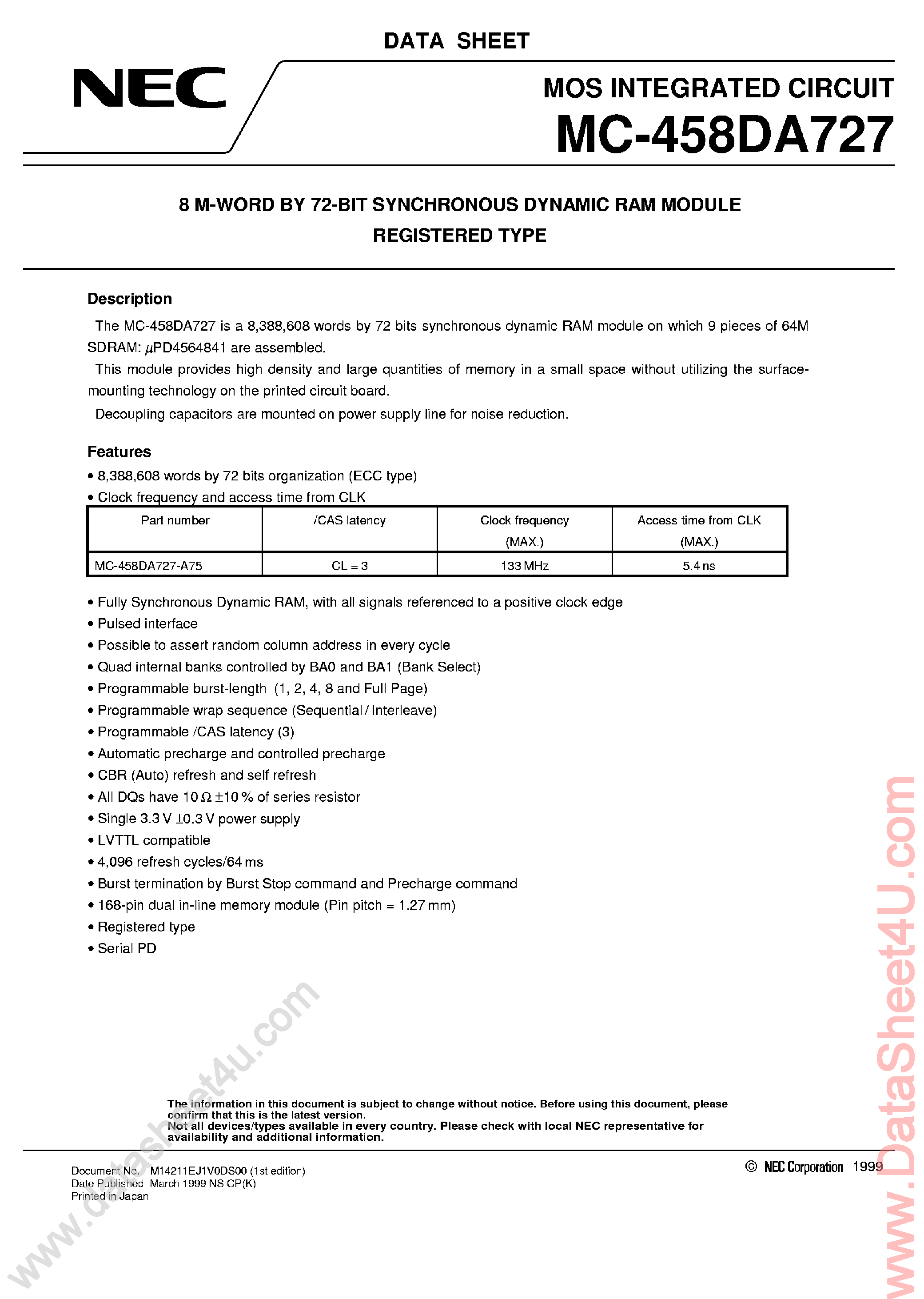 Datasheet MC4582DA727 - 8M x 72-Bit SDRAM Module page 1