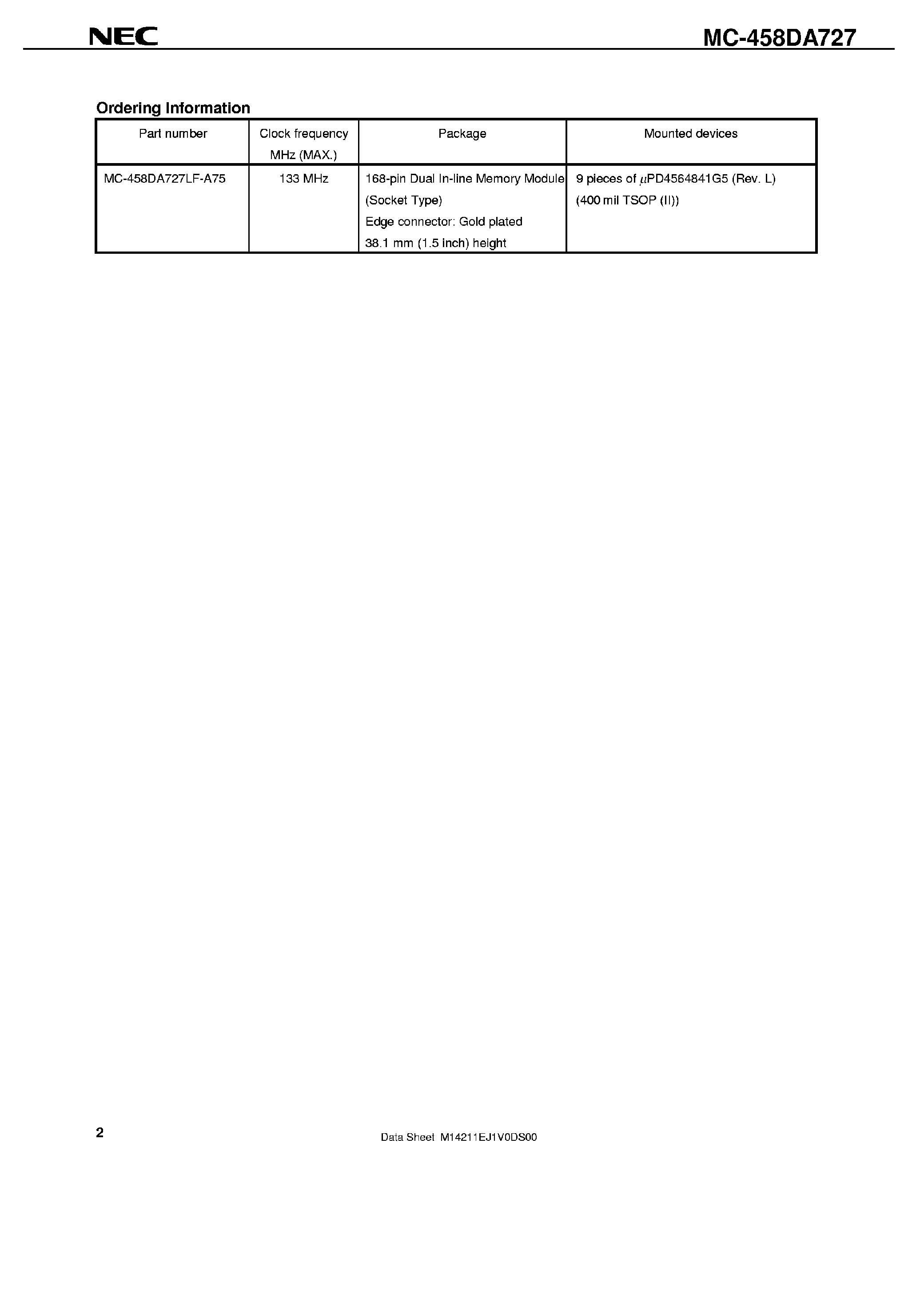 Datasheet MC4582DA727 - 8M x 72-Bit SDRAM Module page 2