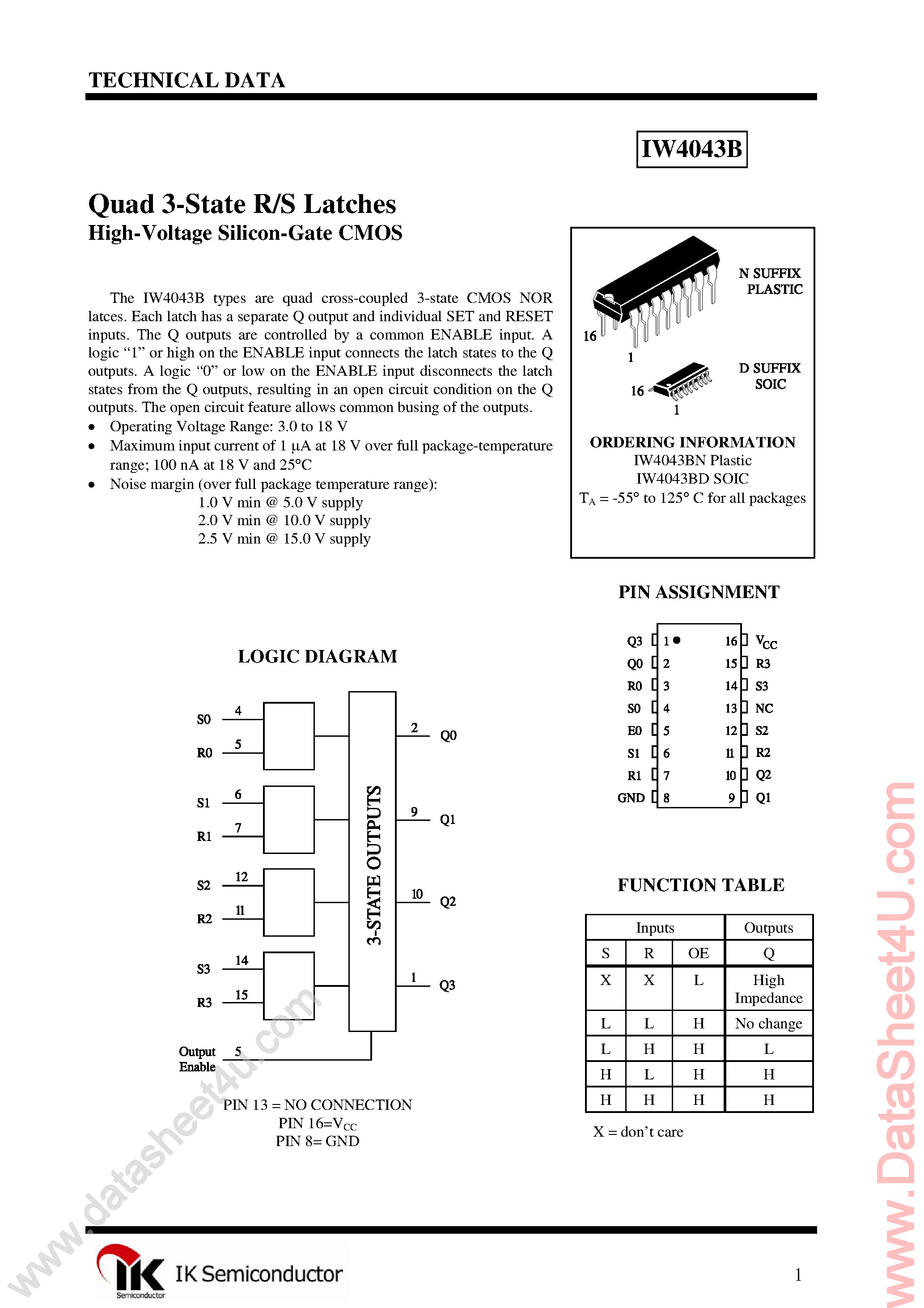 Datasheet IW4043B - Quad NOR R-S Latch (3-State) page 1