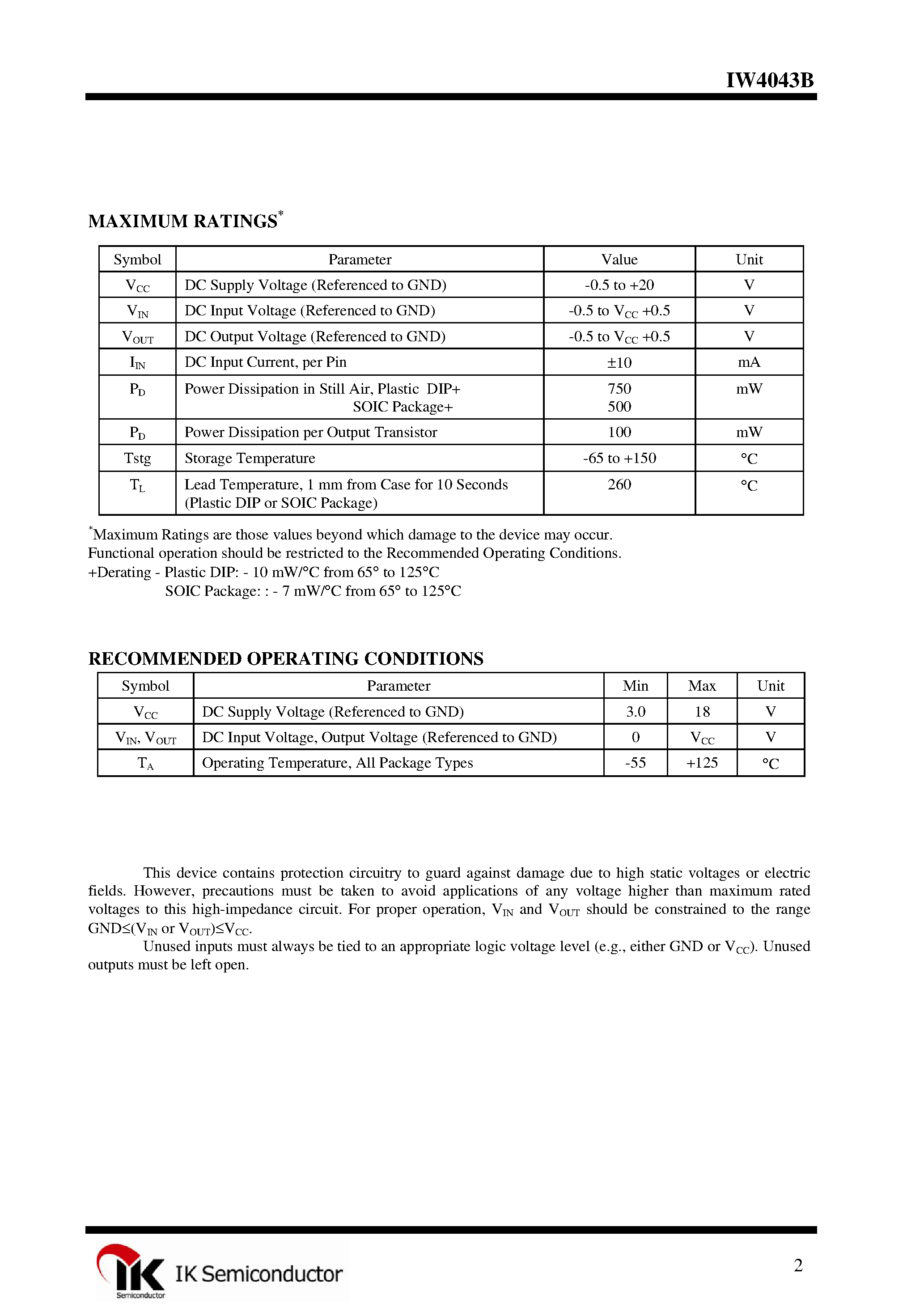 Datasheet IW4043B - Quad NOR R-S Latch (3-State) page 2