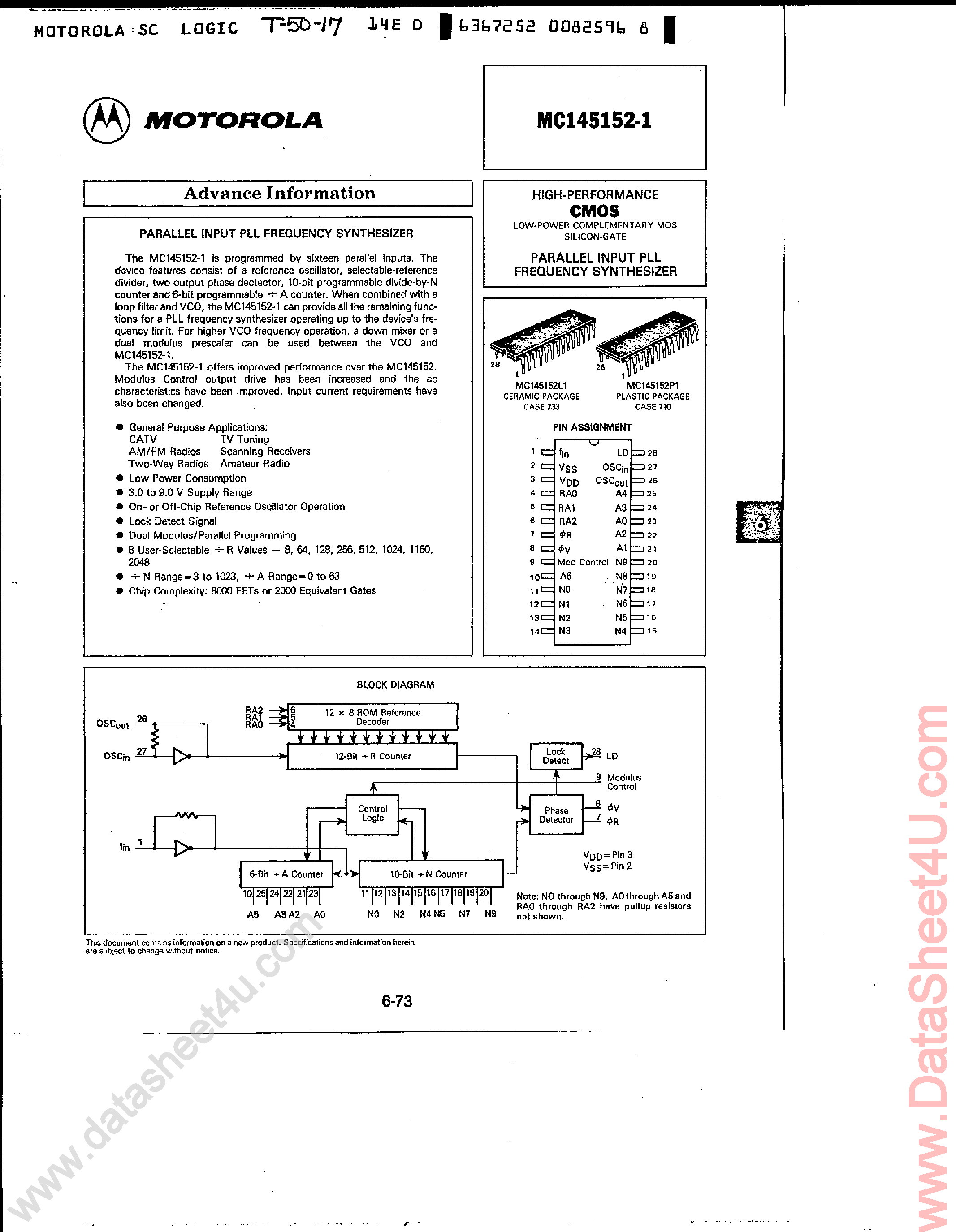 Даташит MC145152-1 - Parallel-Input PLL Frequency Synthesizer страница 1