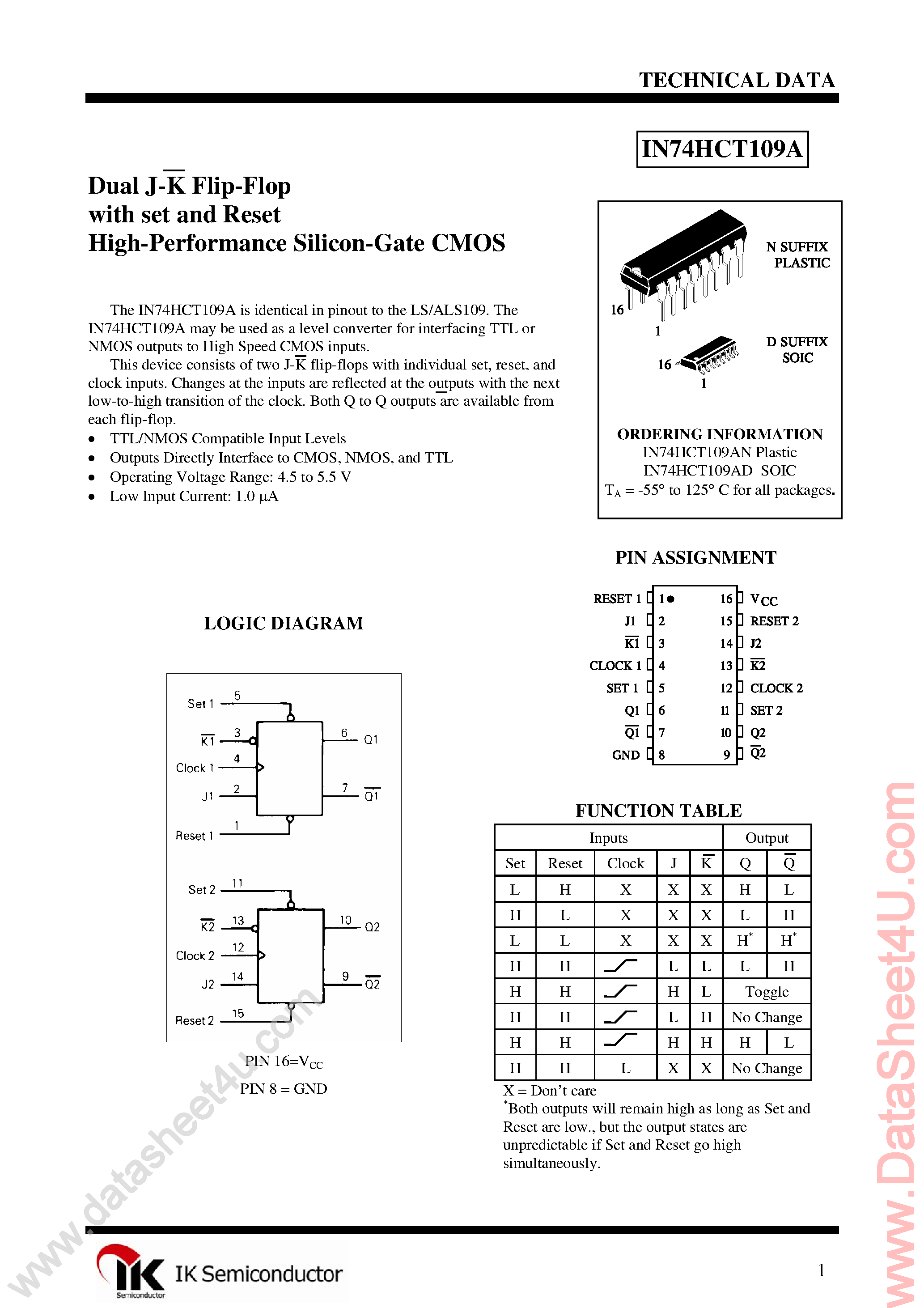 Даташит IN74HCT109A - Dual J-K Positive-Edge-Triggered Flip-Flop страница 1