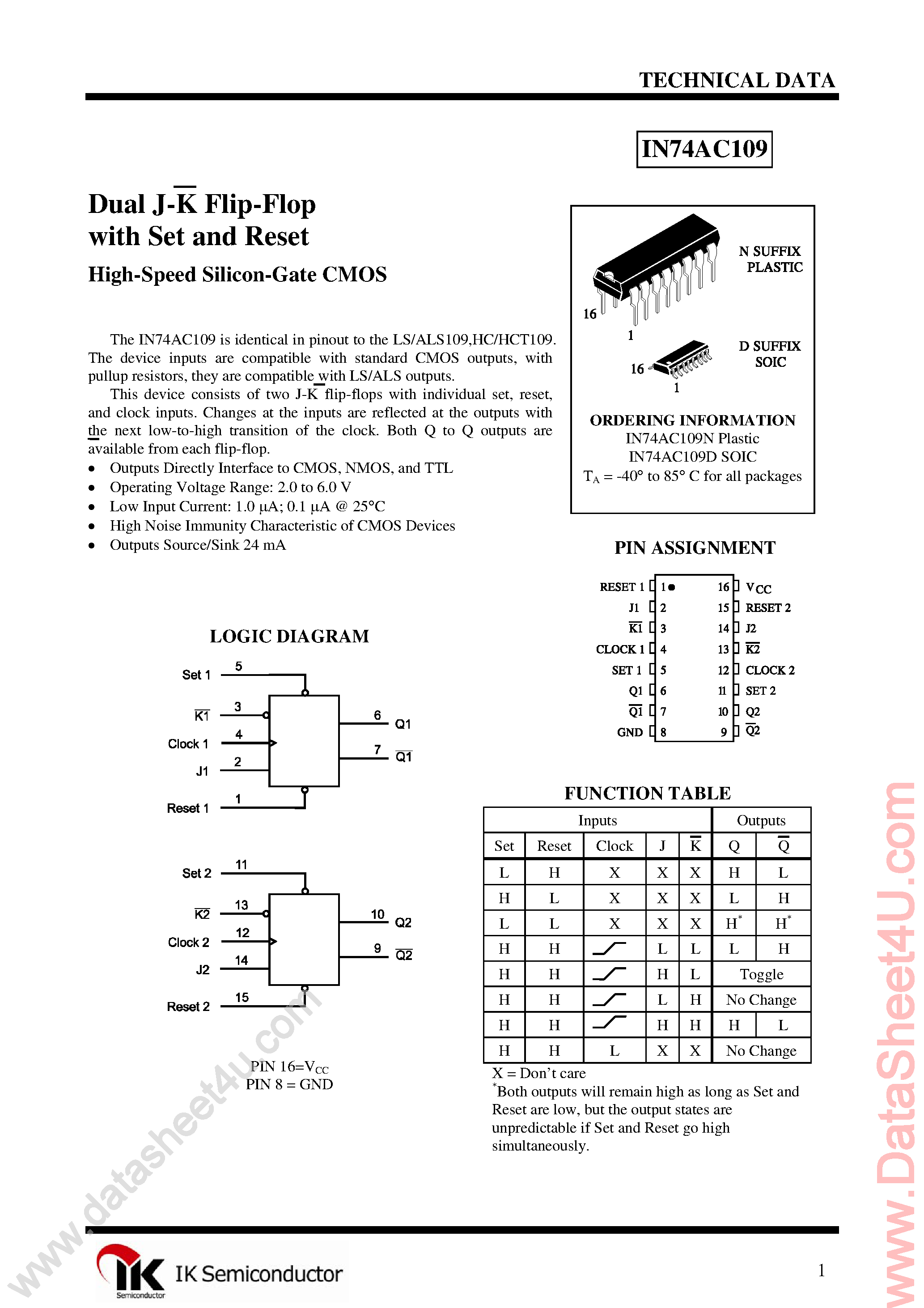 Даташит IN74AC109 - Dual J-K Positive-Edge-Triggered Flip-Flop страница 1