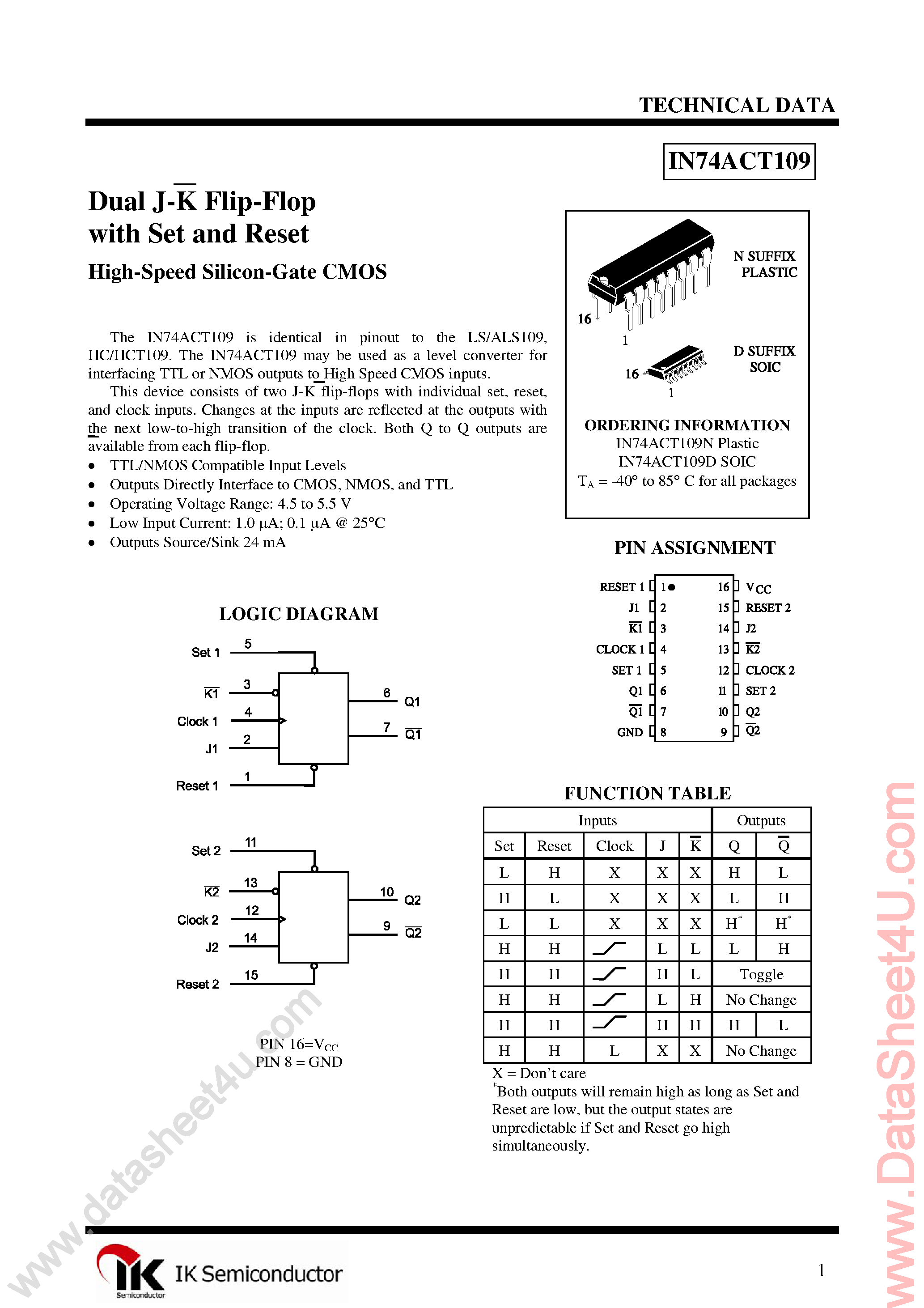 Даташит IN74ACT109 - Dual J-K Positive-Edge-Triggered Flip-Flop страница 1