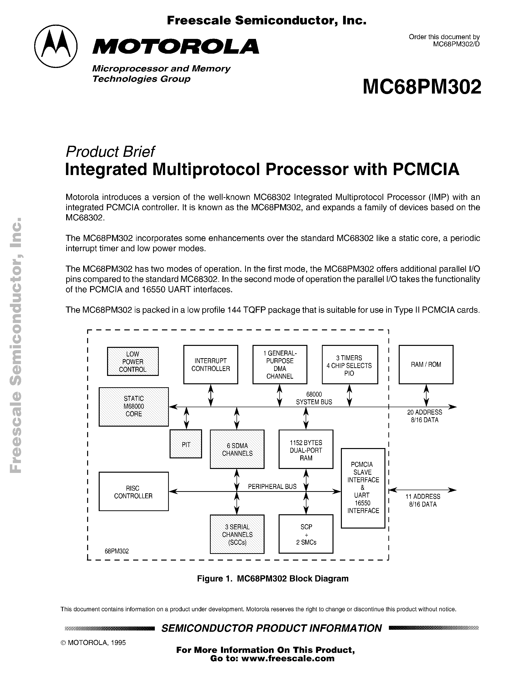 Datasheet MC68PM302 - Integrated Multiprotocol Processor with PCMCIA page 1