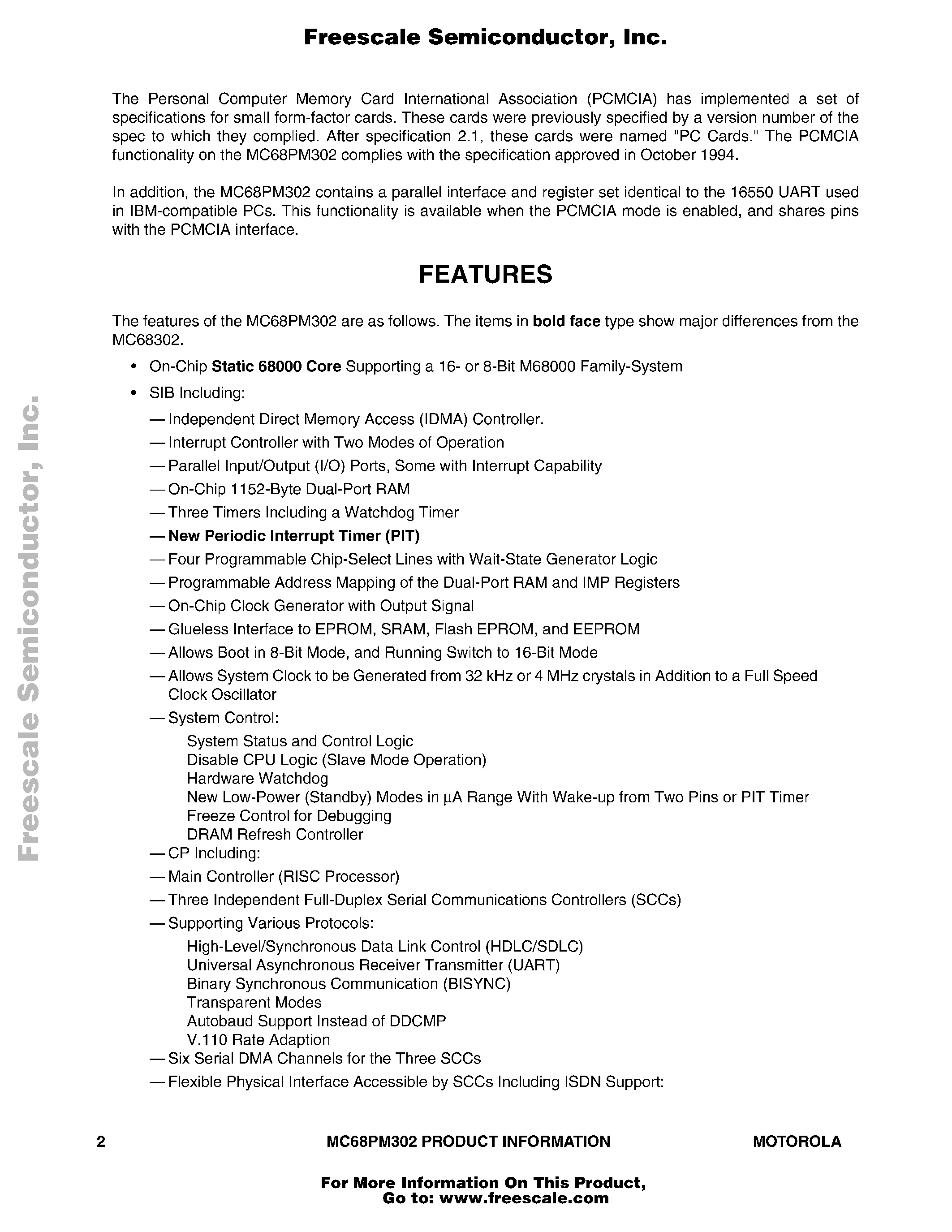 Datasheet MC68PM302 - Integrated Multiprotocol Processor with PCMCIA page 2