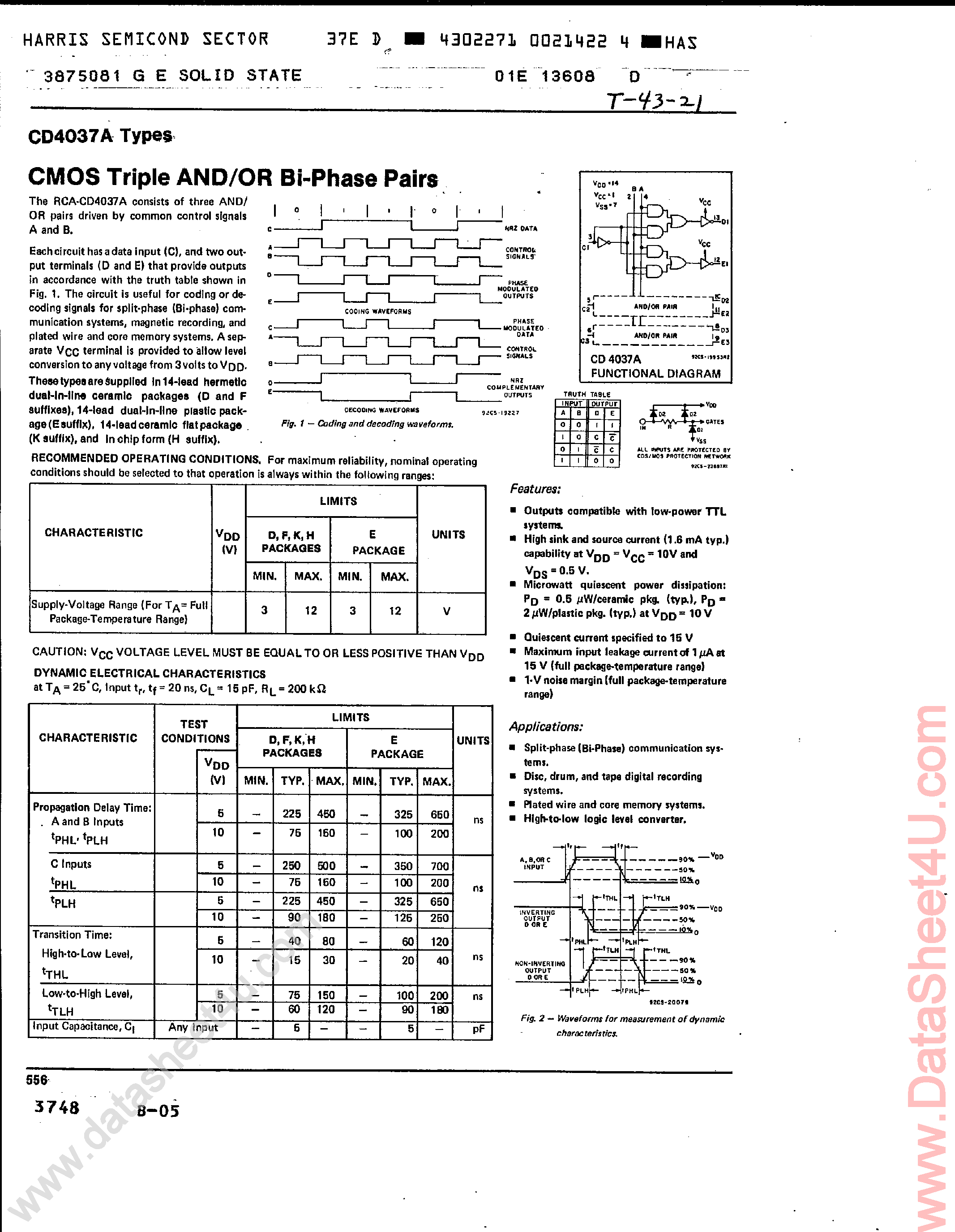 Datasheet CD4037A - CMOS Triple AND-OR Bi-Phase Pairs page 1