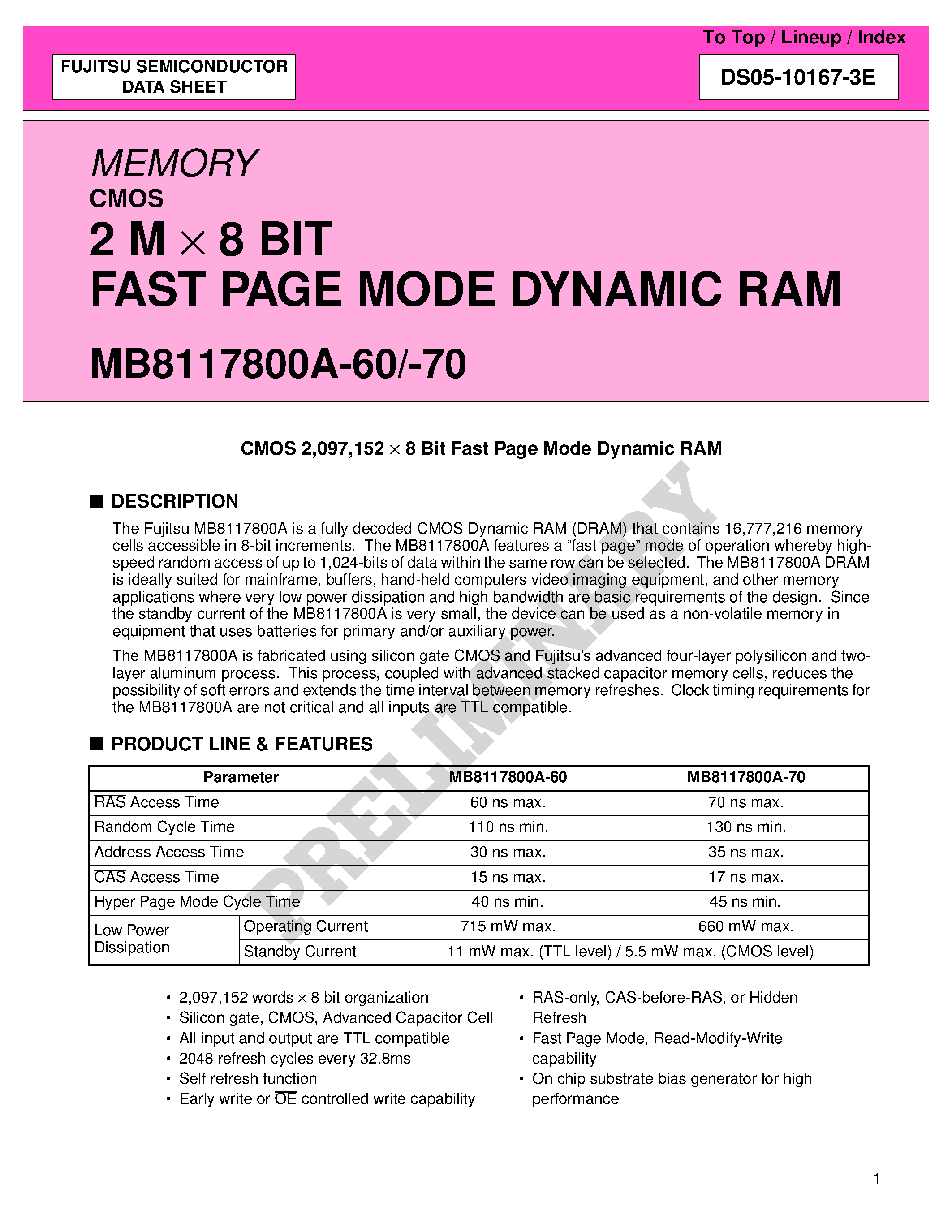 Даташит MB8117800A - 2 M X 8 BIT FAST PAGE MODE DYNAMIC RAM страница 1