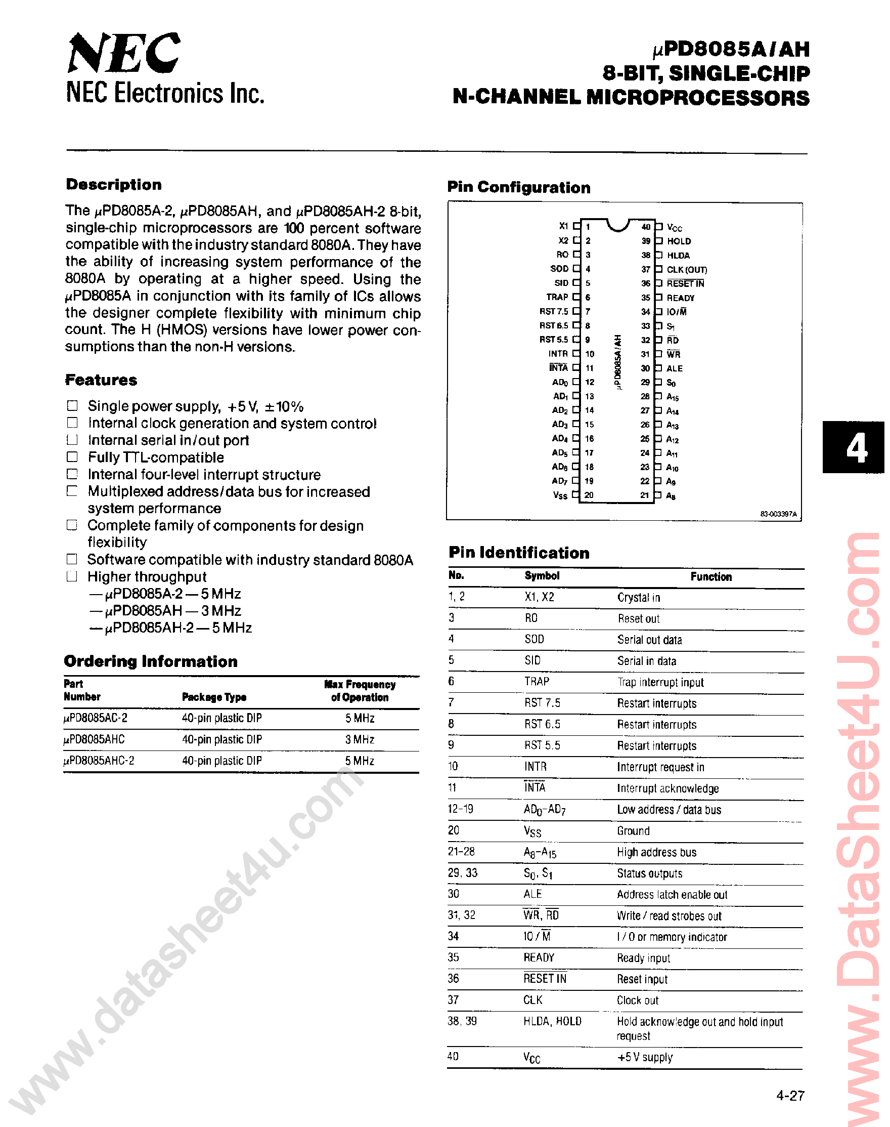 Даташит UPD8085A - 8-Bit Single-Chip N-Channel Microprocessors страница 1