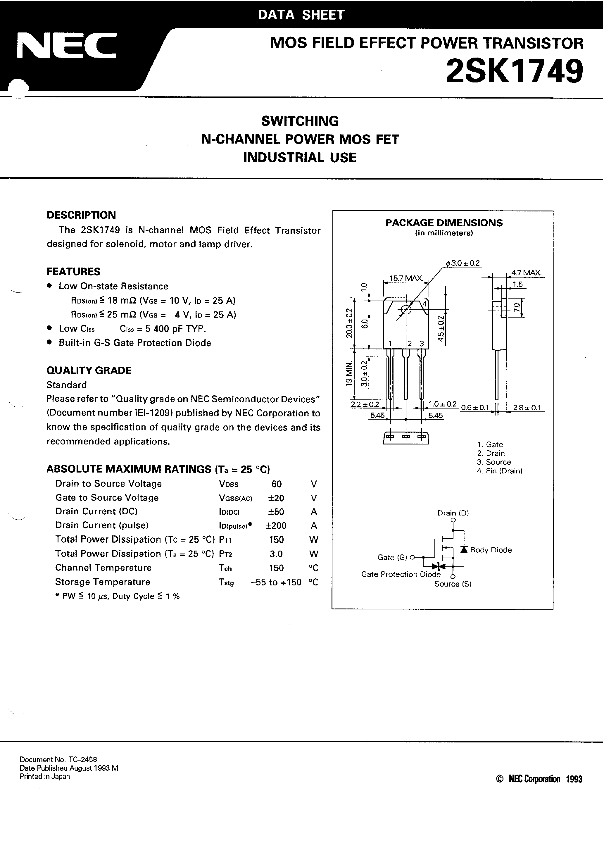 Datasheet 2SK1749 - Switching N-Channel Power MOS FET page 2