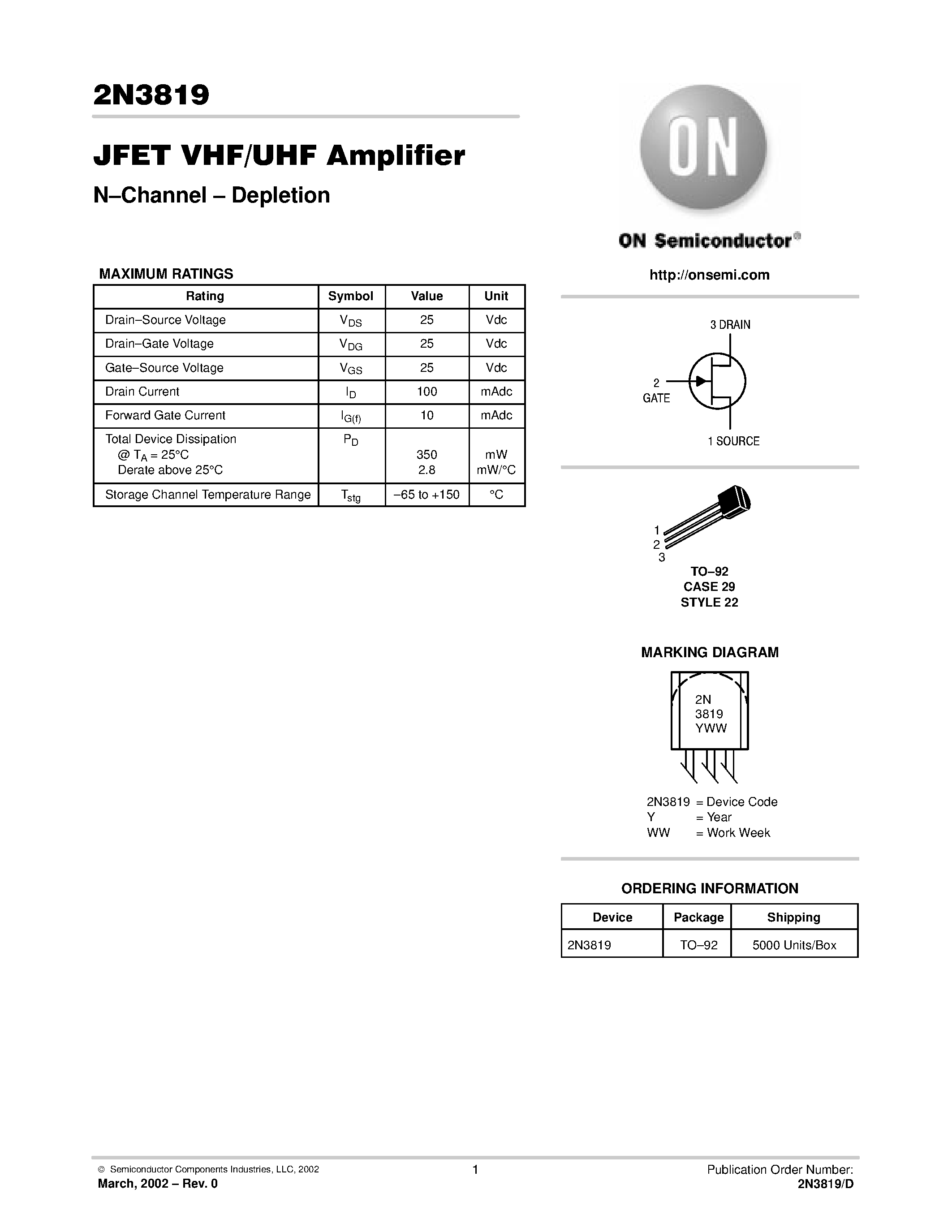 Даташит 2N3819 - JFET VHF/UHF Amplifier N-Channel-Depletion страница 1