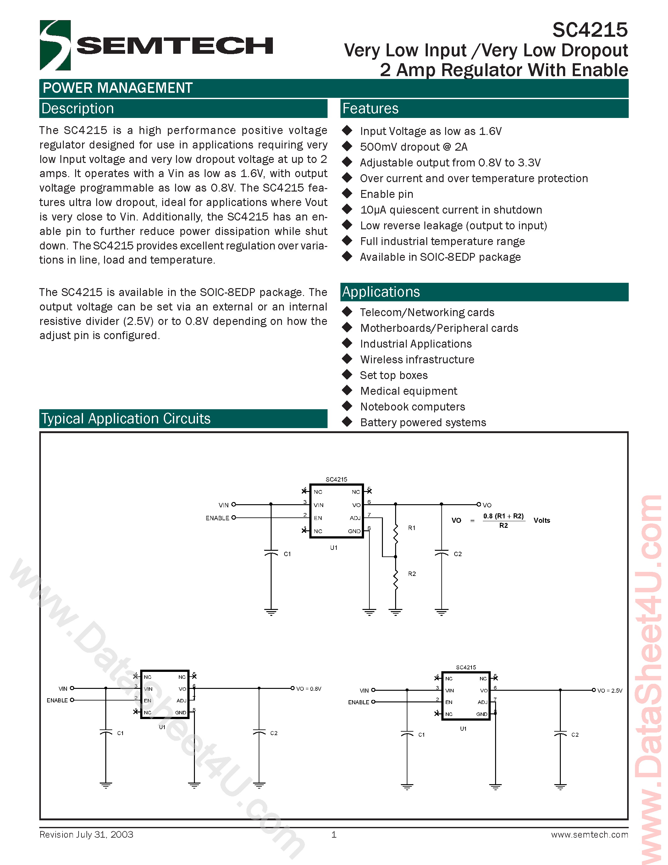 Даташит SC4215 - Very Low Input / Very Low Dropout 2 Amp Regulator With Enable страница 1