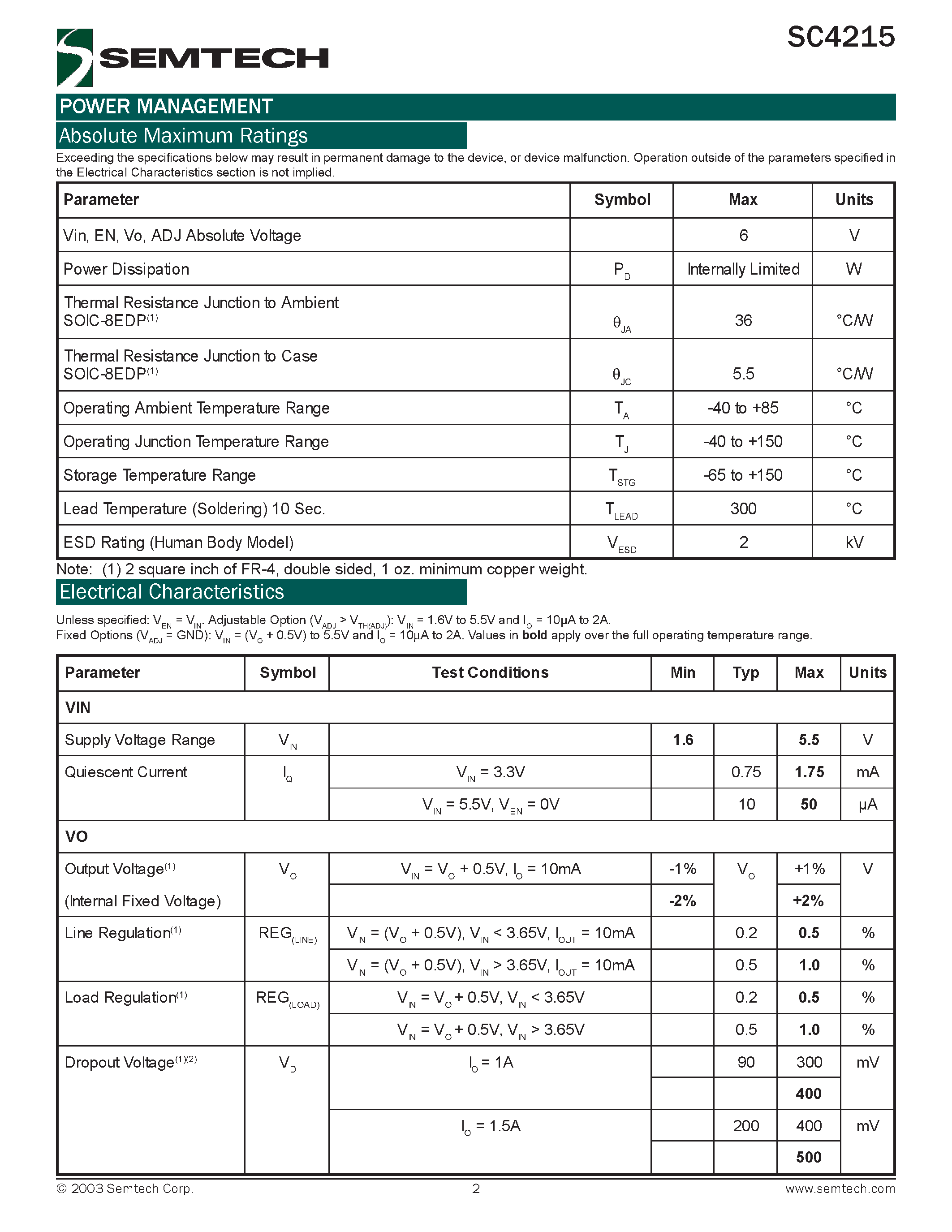 Даташит SC4215 - Very Low Input / Very Low Dropout 2 Amp Regulator With Enable страница 2