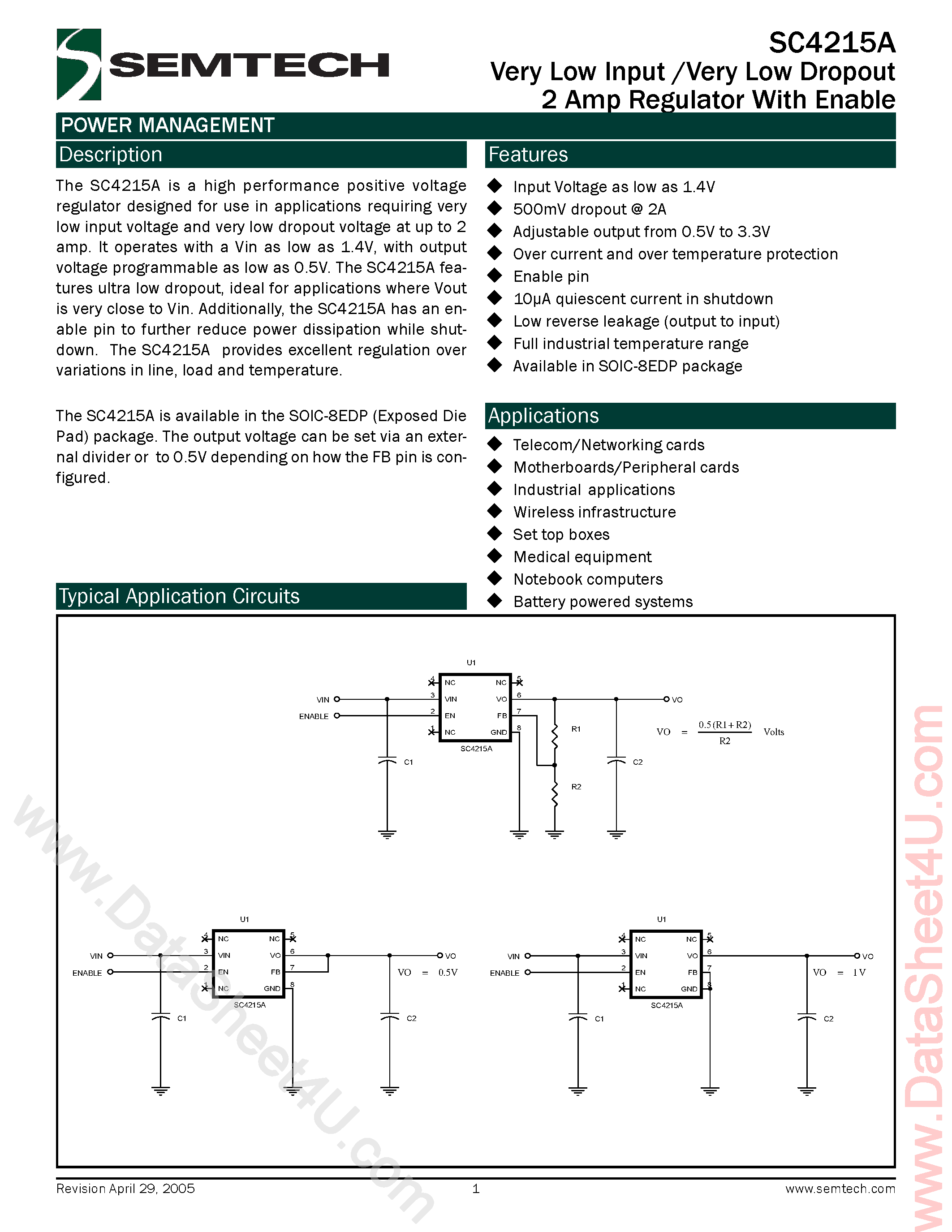 Даташит SC4215A - Very Low Input / Very Low Dropout 2 Amp Regulator With Enable страница 1