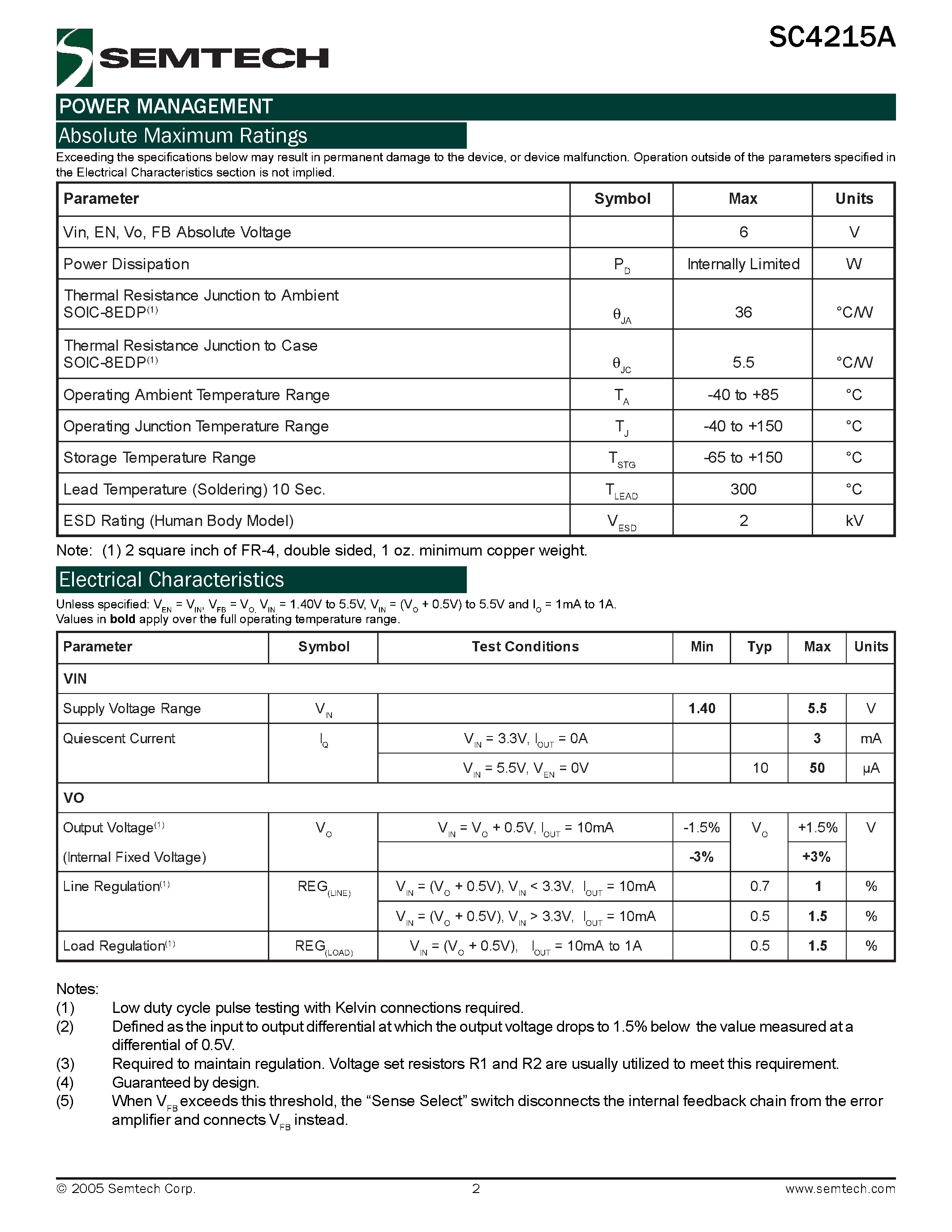 Даташит SC4215A - Very Low Input / Very Low Dropout 2 Amp Regulator With Enable страница 2