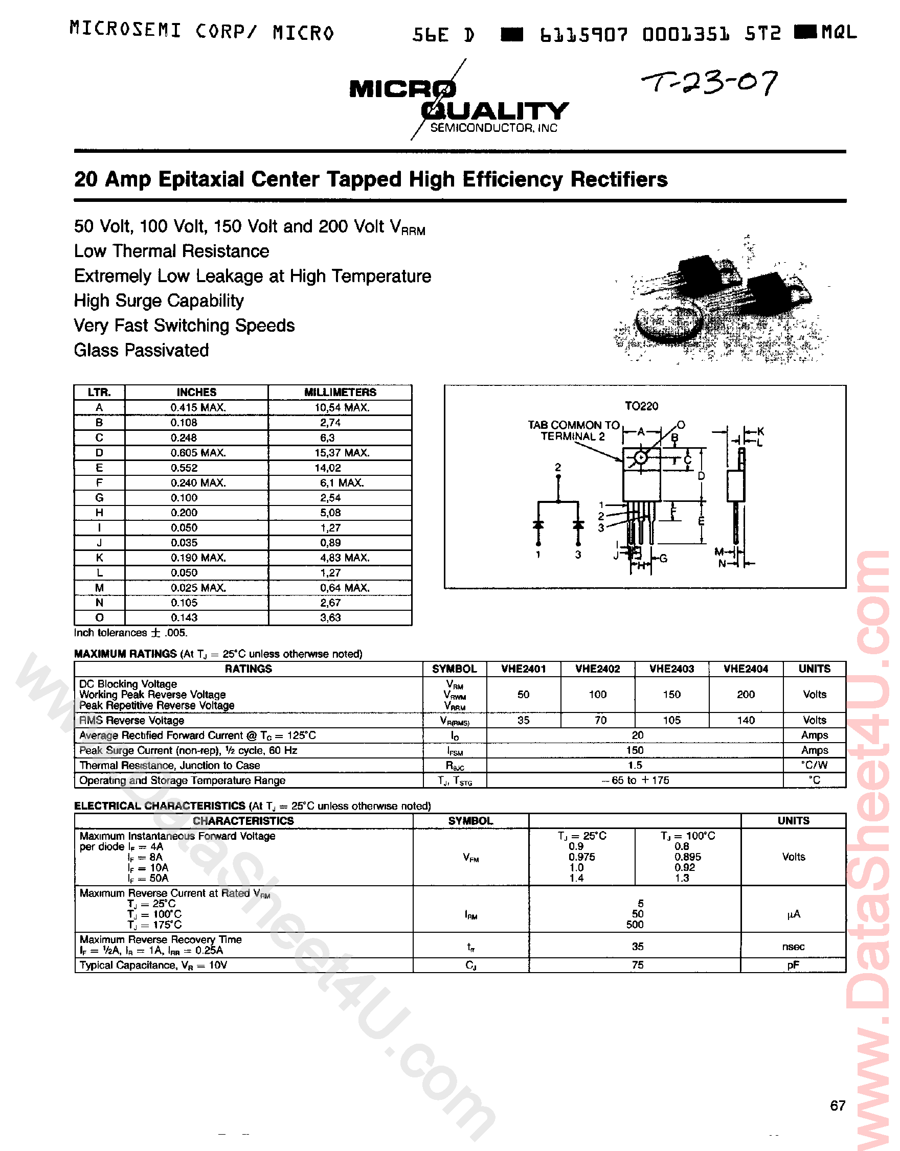 Datasheet VHE2401 - (VHE2401 - VHE2404) 20 Amp Epitaxial Center Tapped High Efficiency Rectifiers page 1