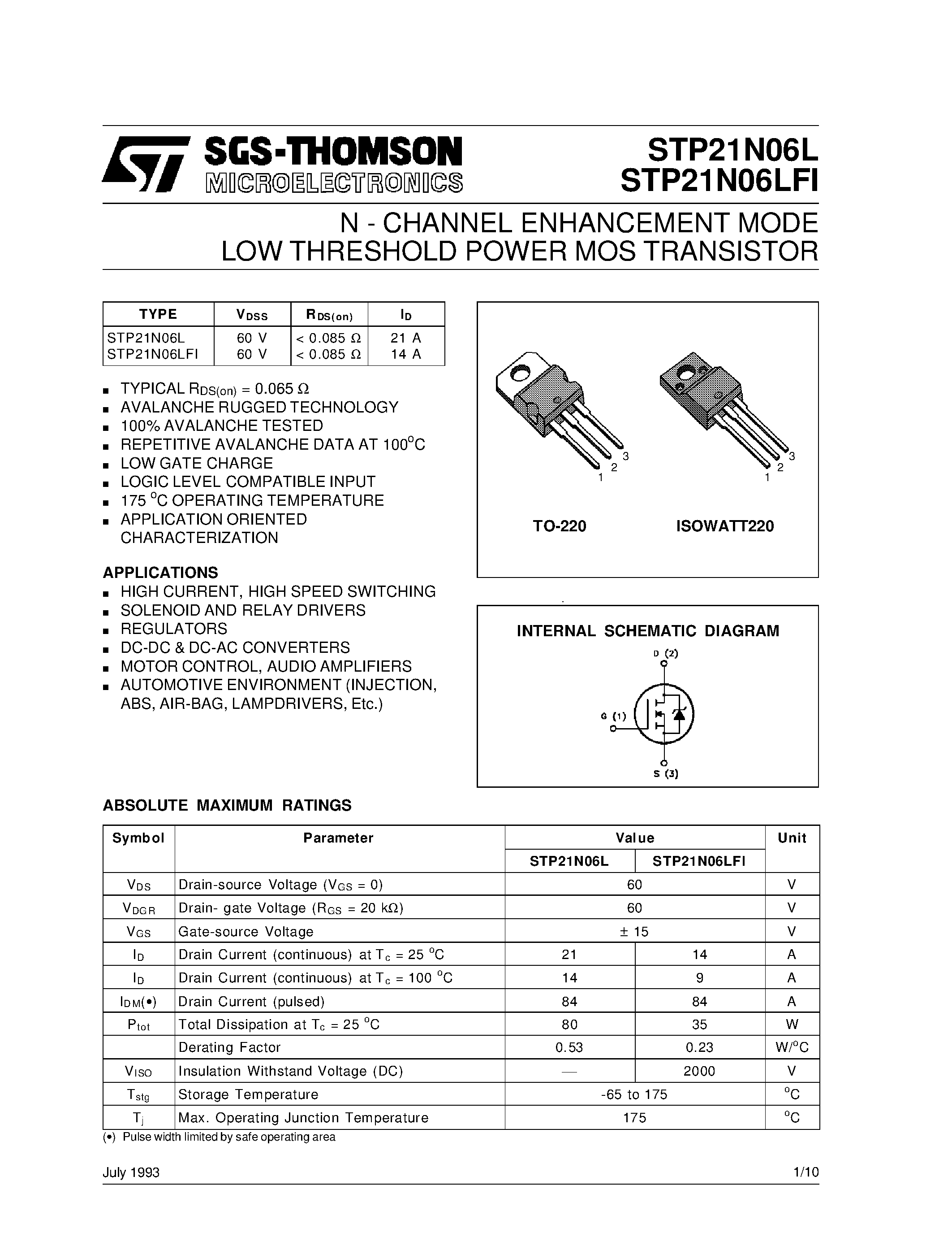 Даташит STP21N06L - N - CHANNEL ENHANCEMENT MODE LOW THRESHOLD POWER MOS TRANSISTOR страница 1