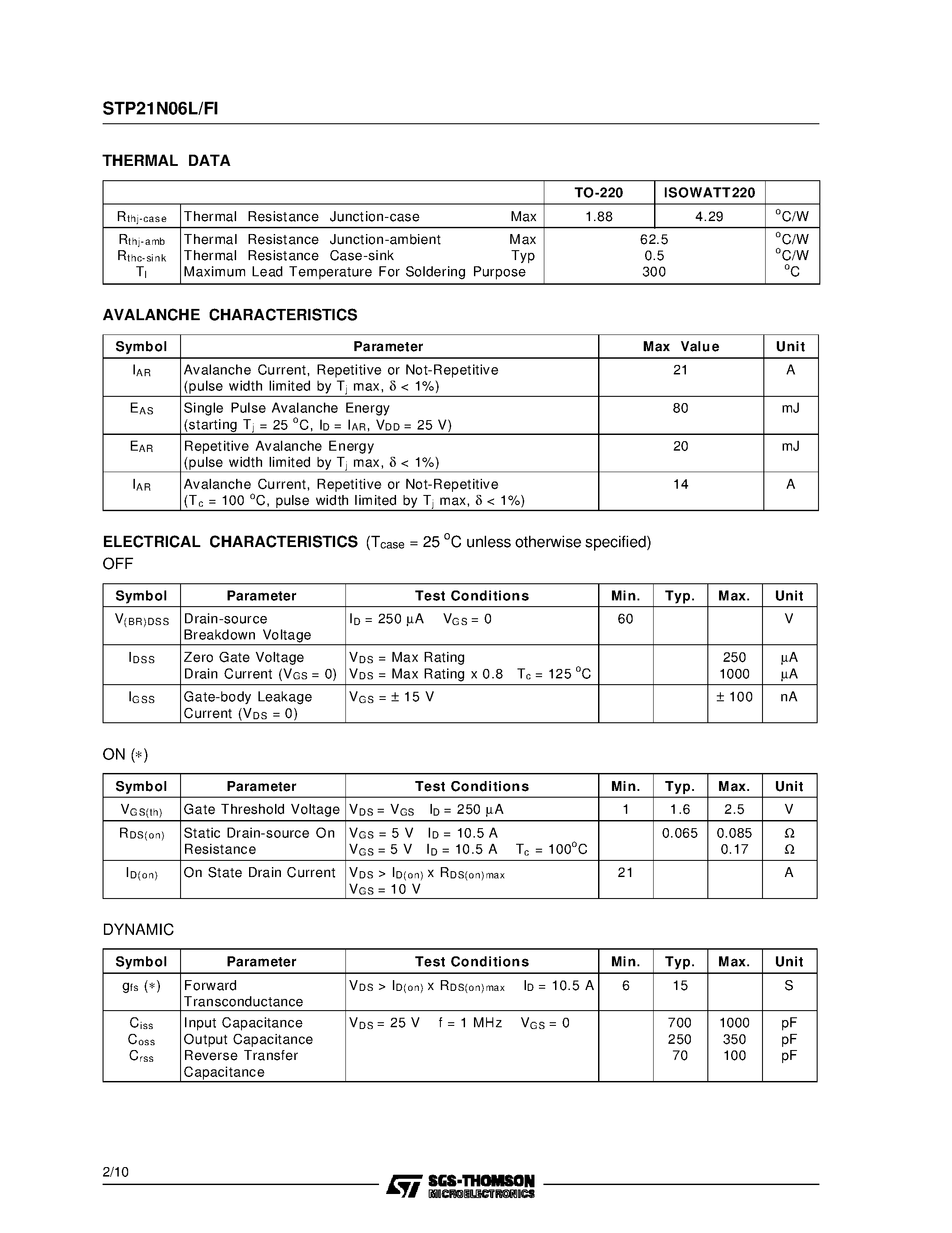 Даташит STP21N06L - N - CHANNEL ENHANCEMENT MODE LOW THRESHOLD POWER MOS TRANSISTOR страница 2