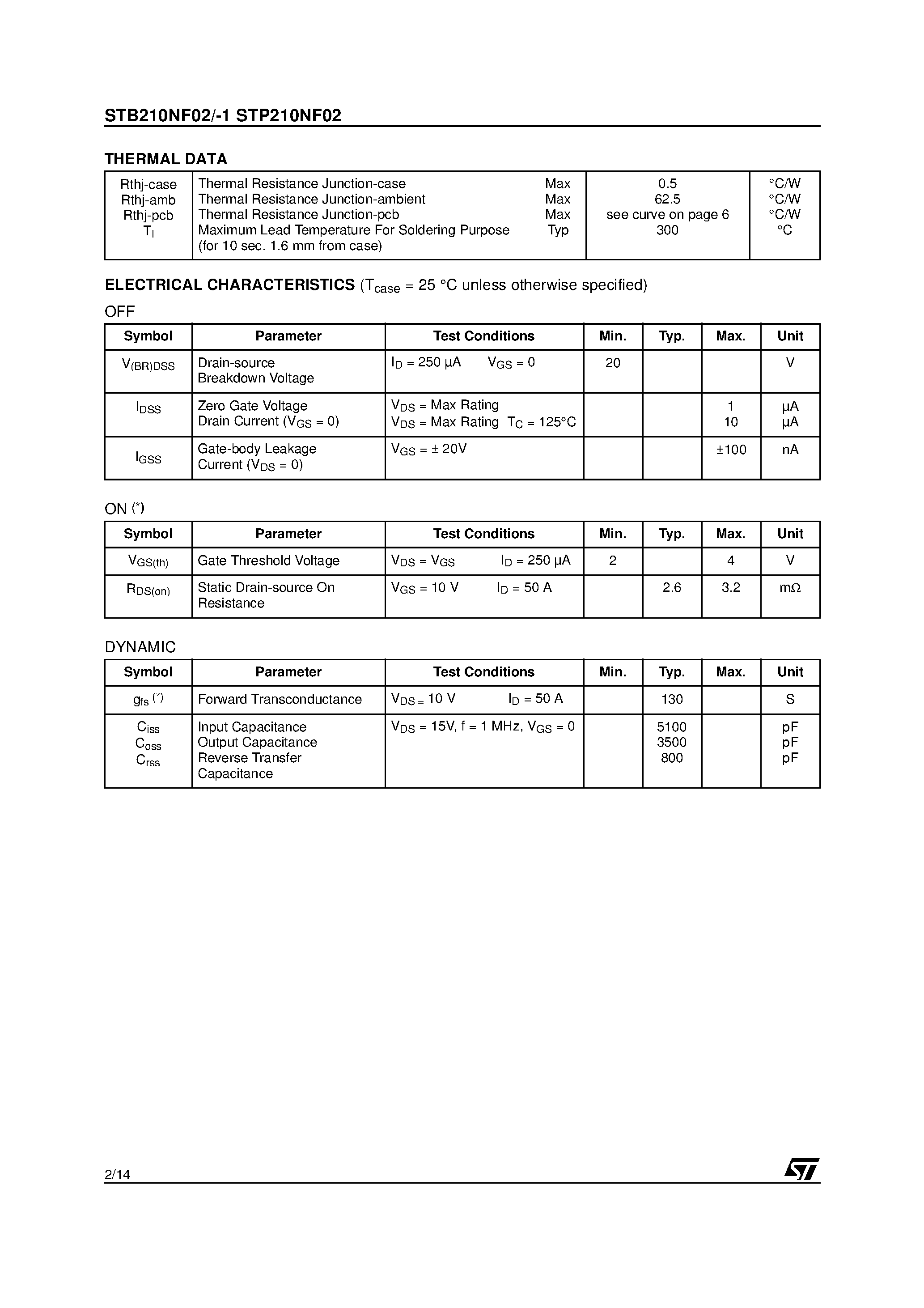 Даташит STP210NF02 - N-CHANNEL POWER MOSFET страница 2