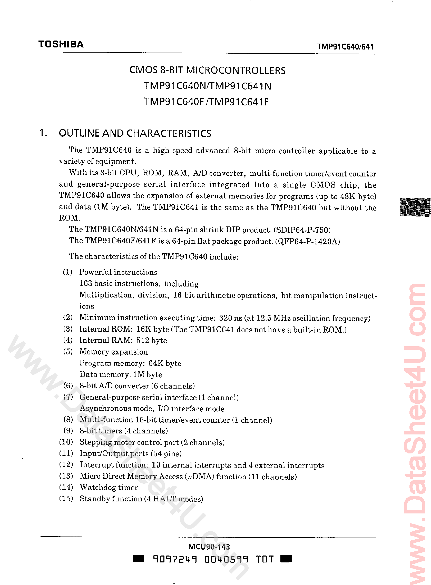 Даташит TMP91C640 - (TMP91C640 / TMP91C641) CMOS 8-Bit Microcontrollers страница 1