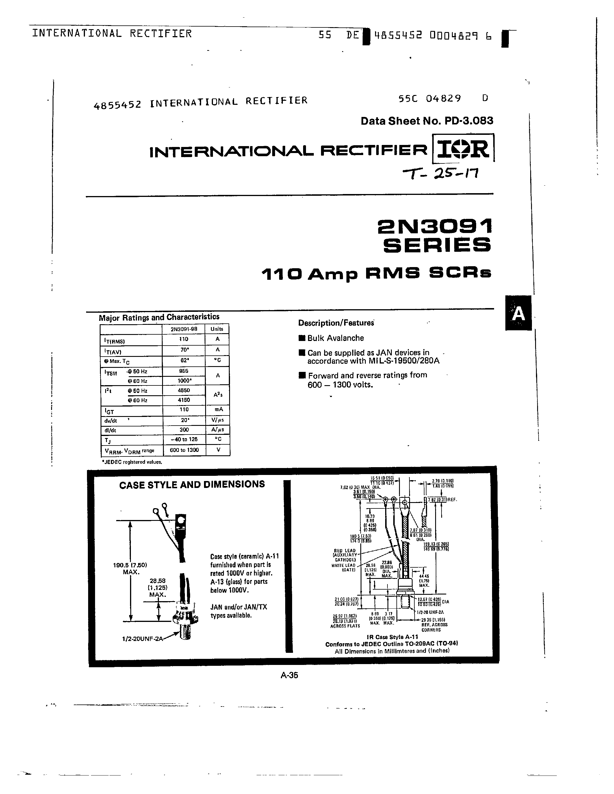 Даташит 2N3091 - (2N309x Series) 110 AMP RMS SCRS страница 1