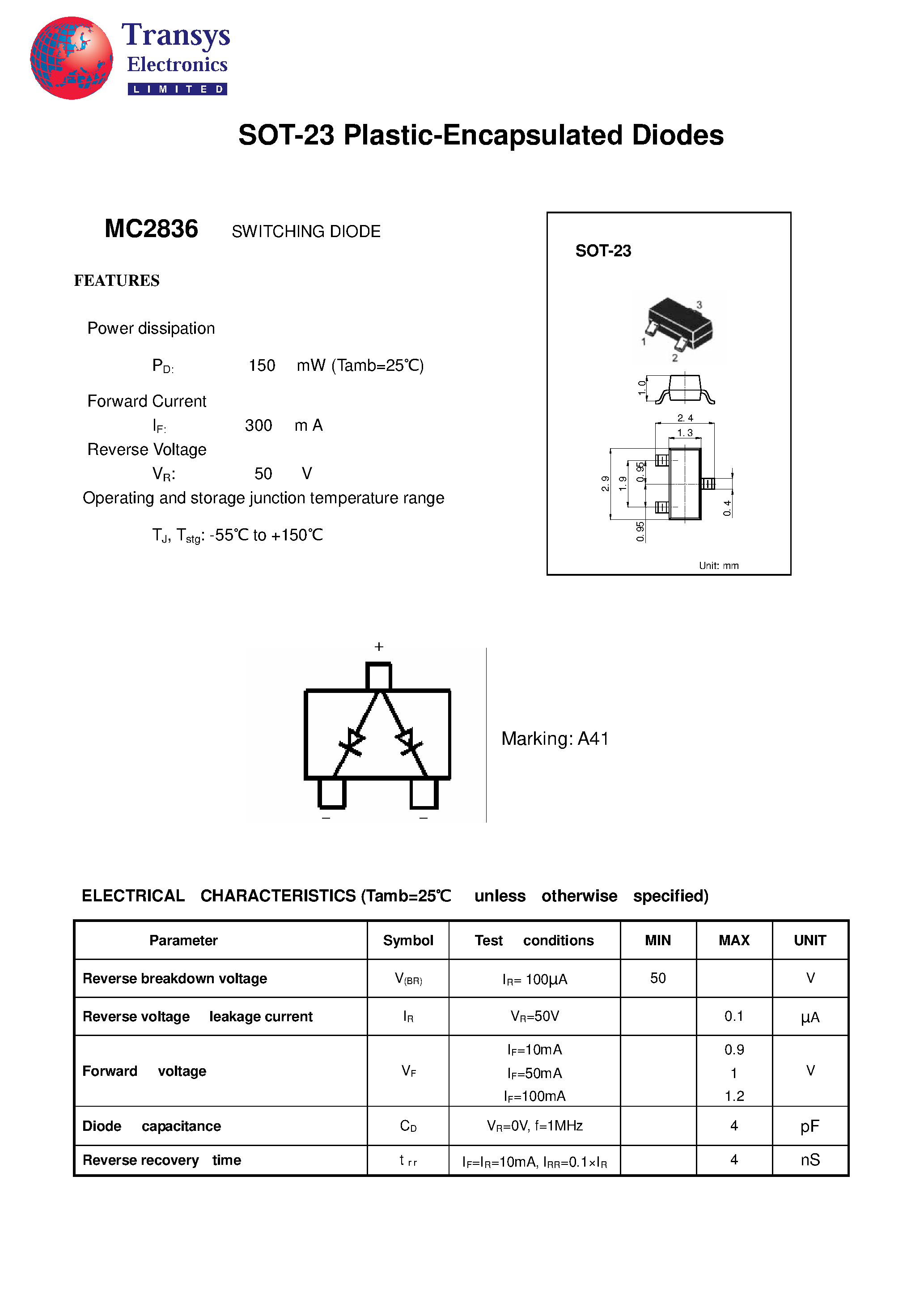 Даташит MC2836 - SOT-23 Plastic-Encapsulated Diodes страница 1