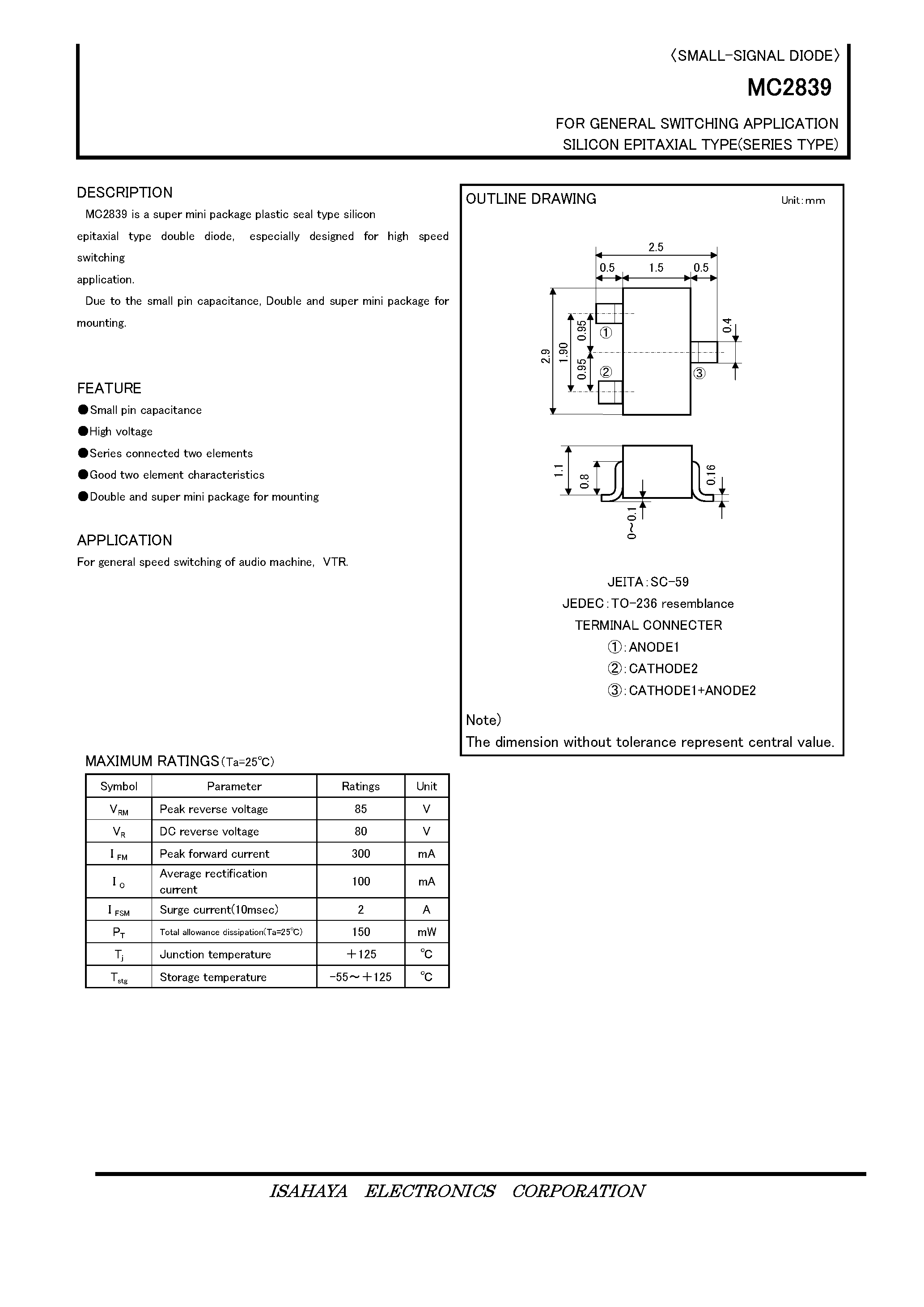 Даташит MC2839 - FOR GENERAL SWITCHING APPLICATION SILICON EPITAXIAL TYPE страница 1