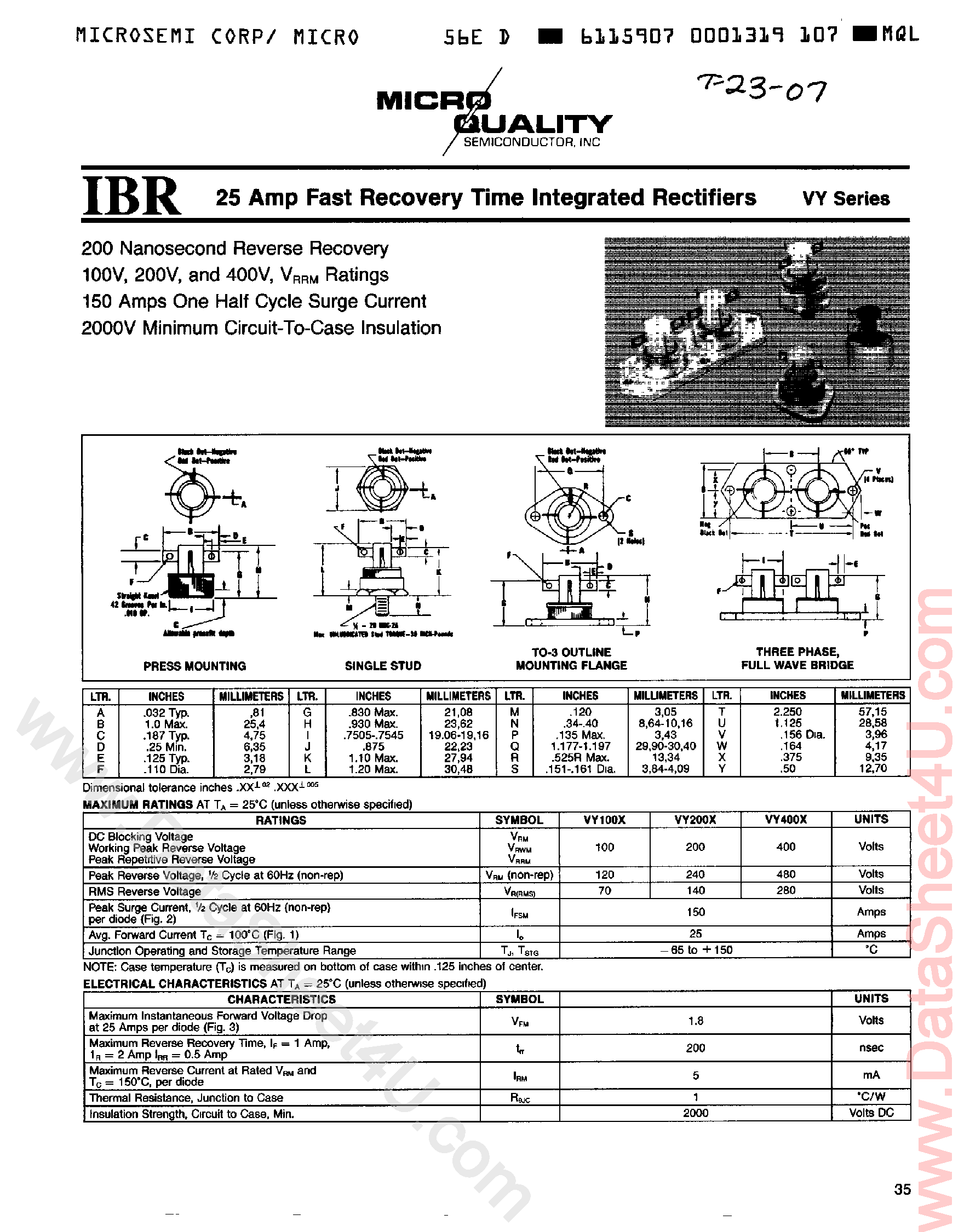 Datasheet VYB100X - (VY Series) 25 Amp Fast Recovery Time Integrated Rectifiers page 1