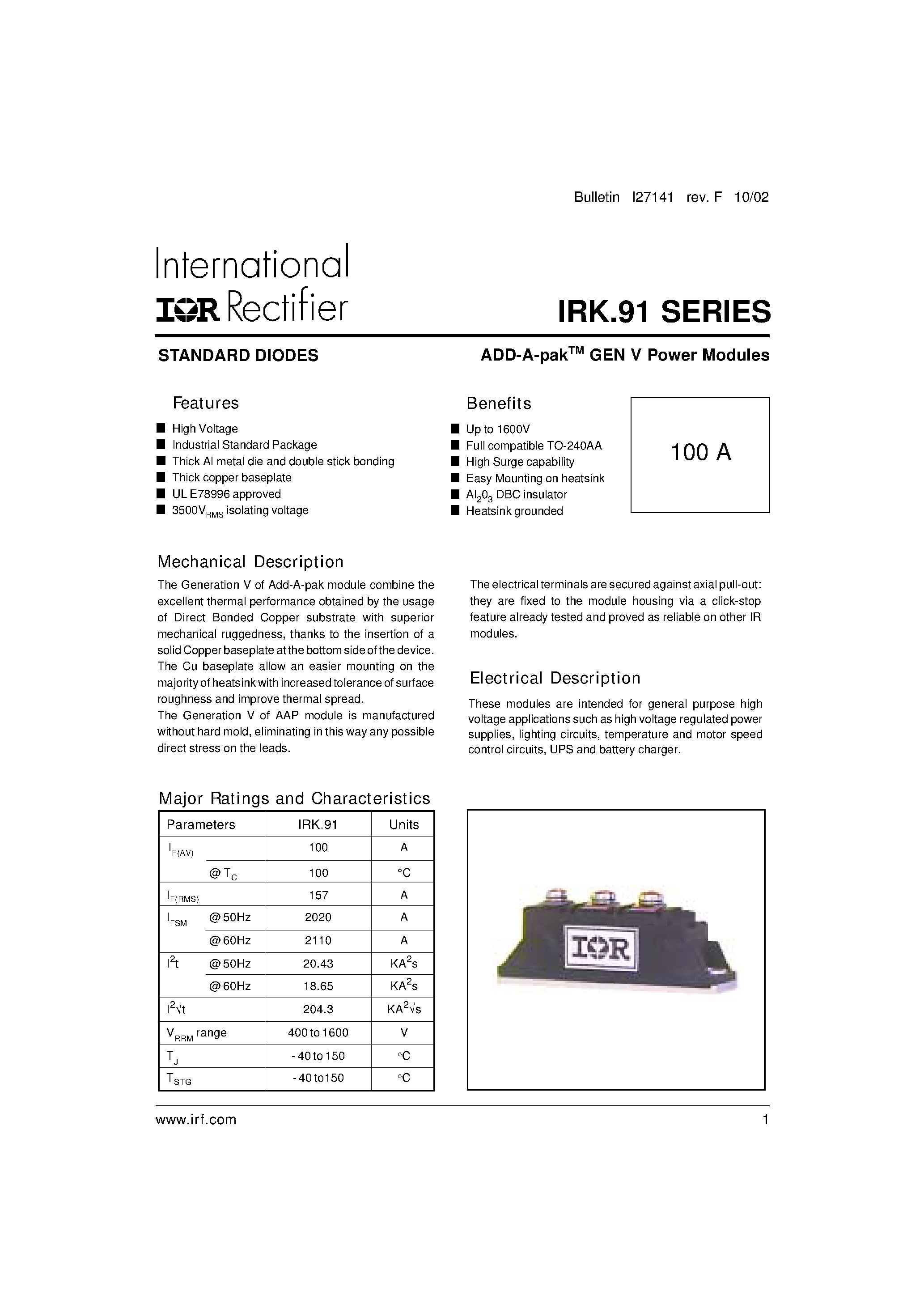 Datasheet IRKJ91 - ADD-A-pak GEN V Power Modules page 1