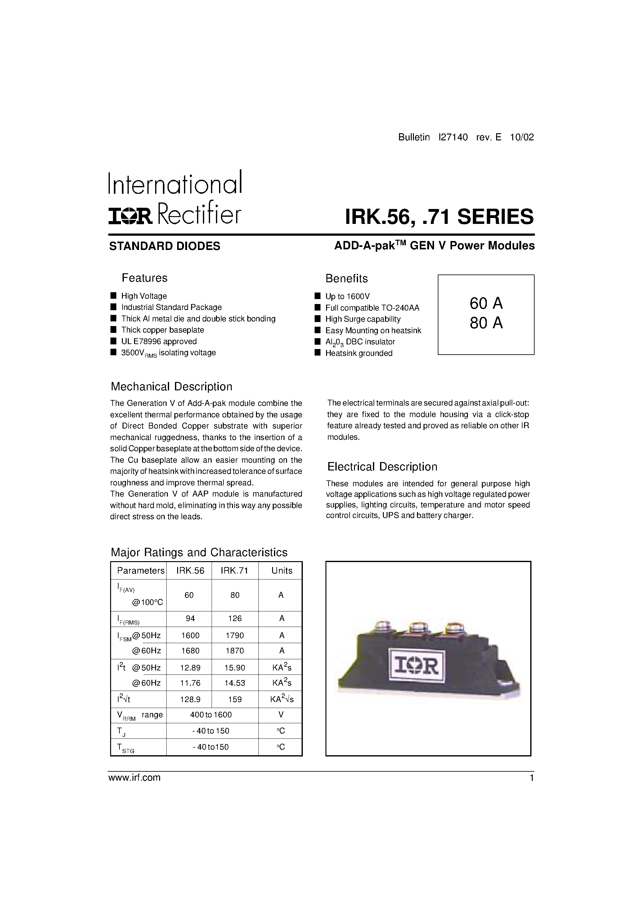 Datasheet IRKJ56 - (IRKJ56 / IRKJ71) ADD-A-pak GEN V Power Modules page 1