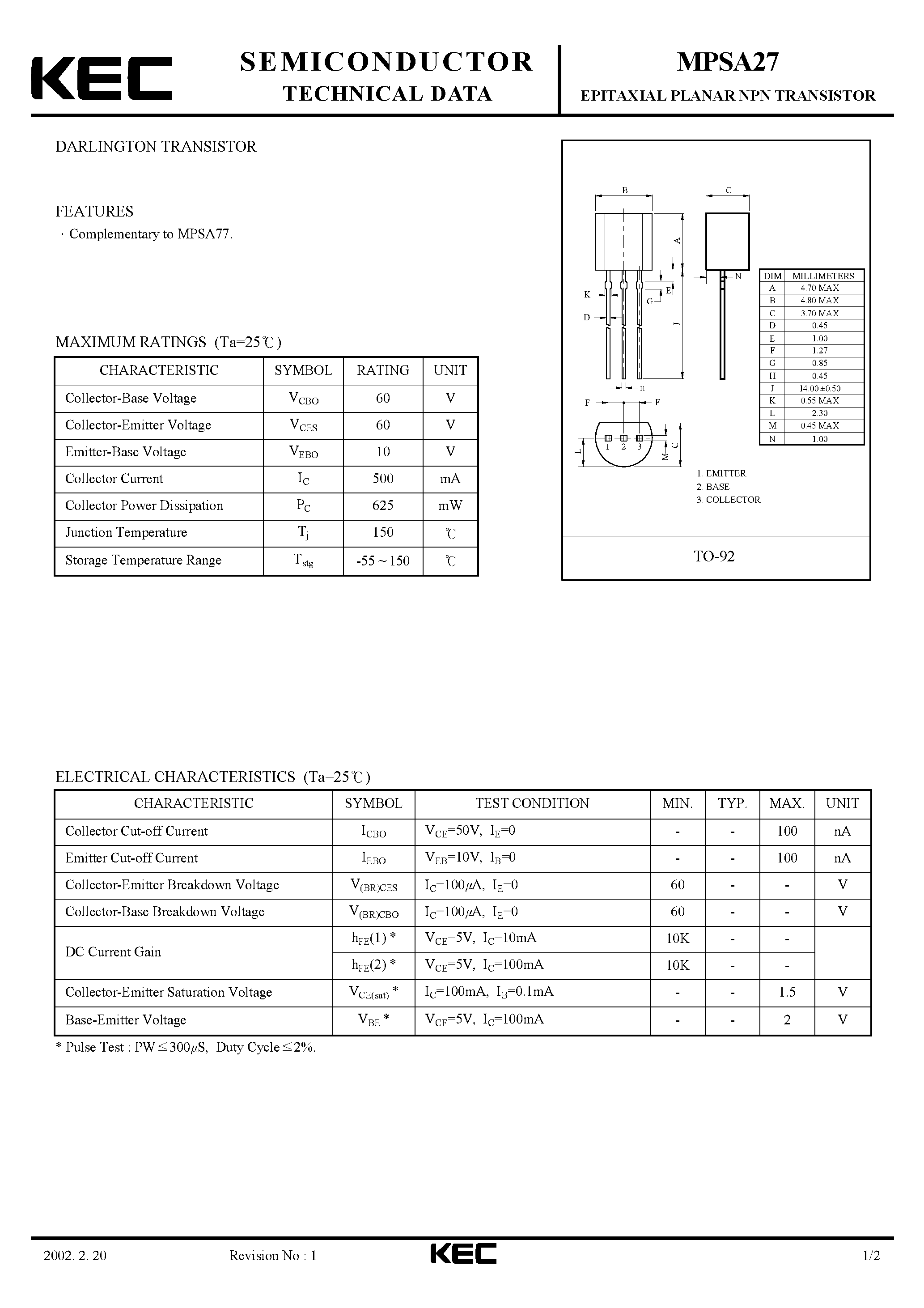 Даташит MPSA27 - EPITAXIAL PLANAR NPN TRANSISTOR (DARLINGTON TRANSISTOR) страница 1