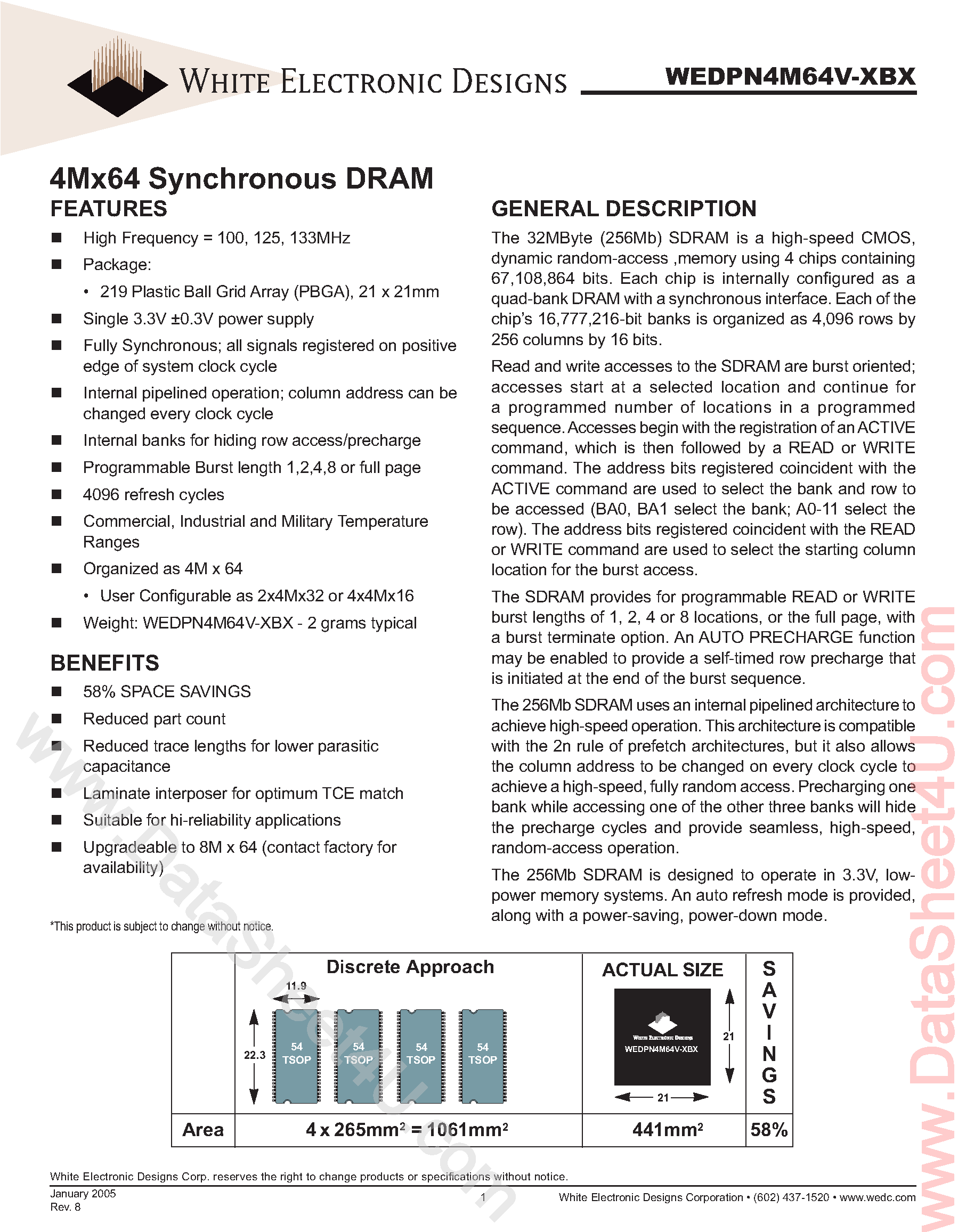 Datasheet WEDPN4M64V - 4M x 64 SDRAM page 1