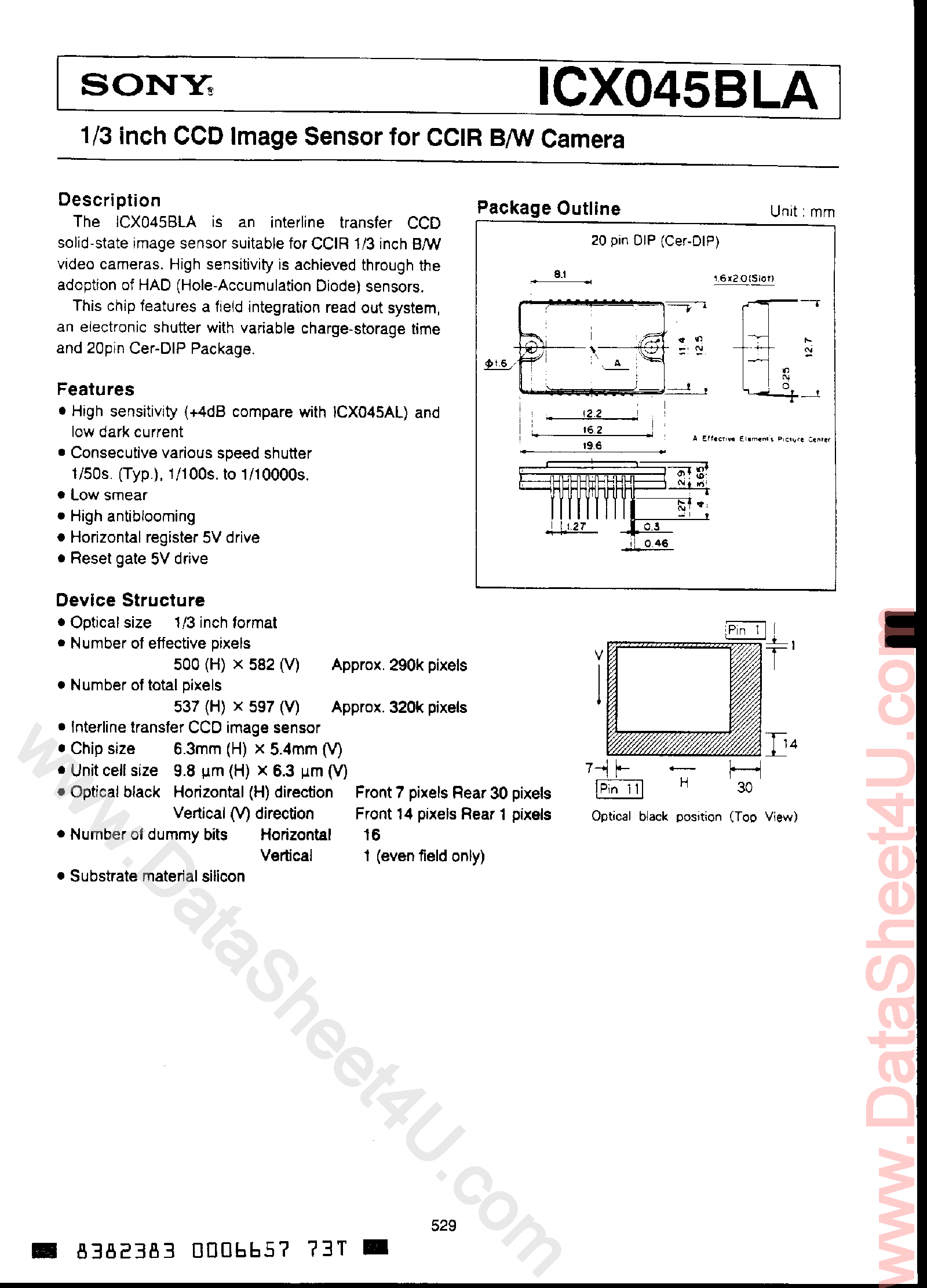 Datasheet ICX045BLA - 1/3-inch CCD Image Sensor for CCIR B/W Camera page 1