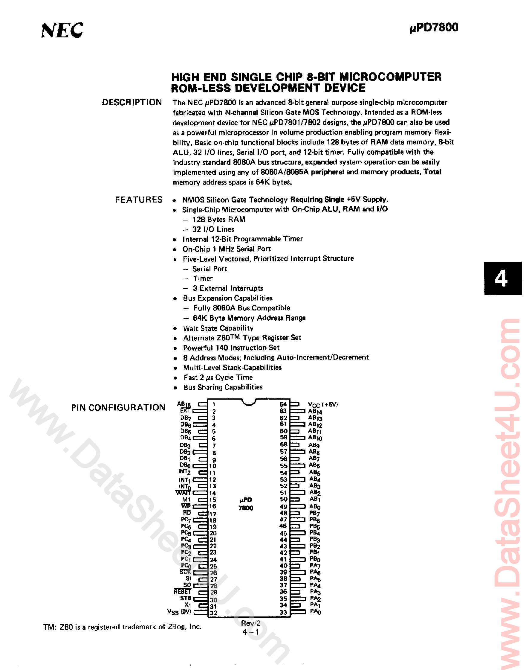 Даташит UPD7800 - High End Single Chip 8-Bit Microcomputer страница 1