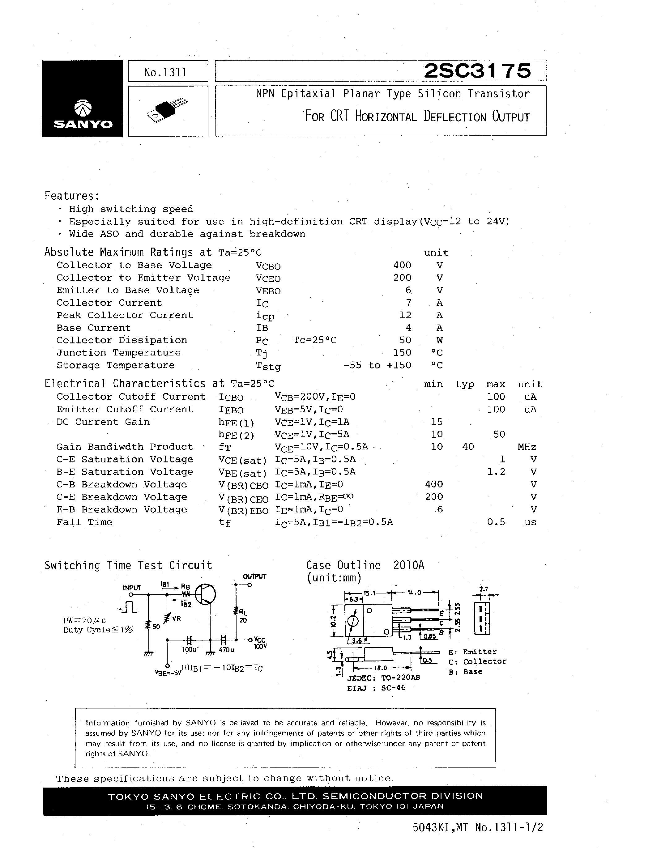 Даташит 2SC3175 - NPN Epitaxial Planar Type Silicon Transistor страница 1