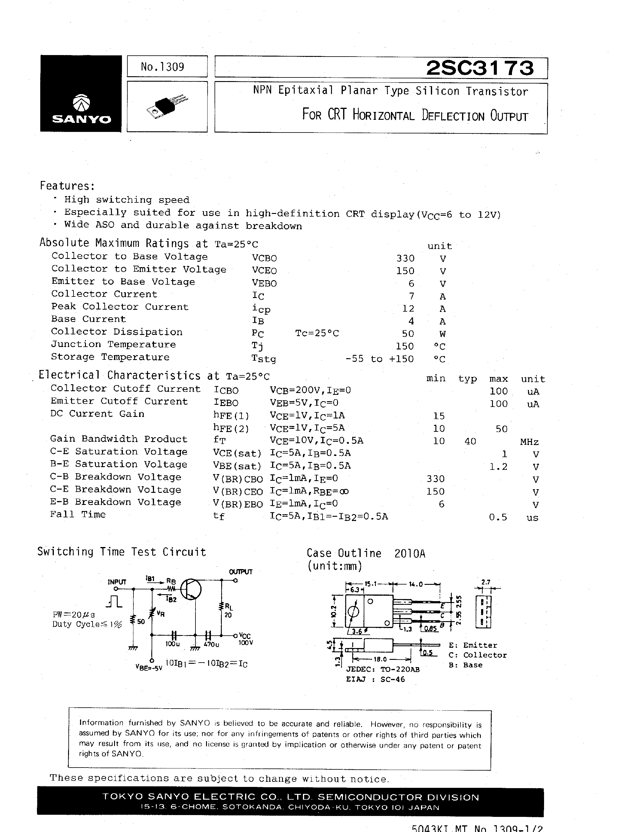 Даташит 2SC3173 - NPN Epitaxial Planar Type Silicon Transistor страница 1