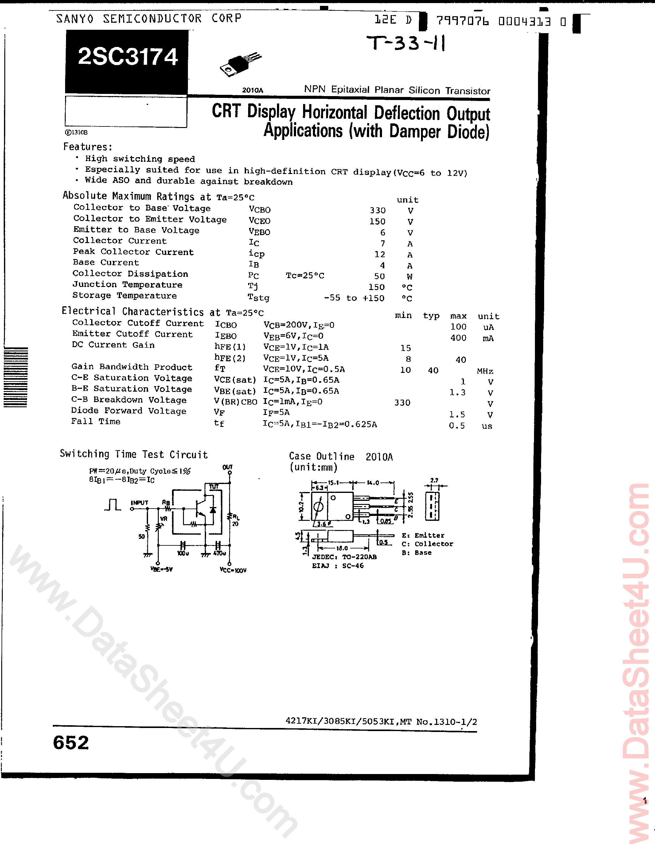 Даташит 2SC3174 - CRT Display Horizontal Deflection Output страница 1