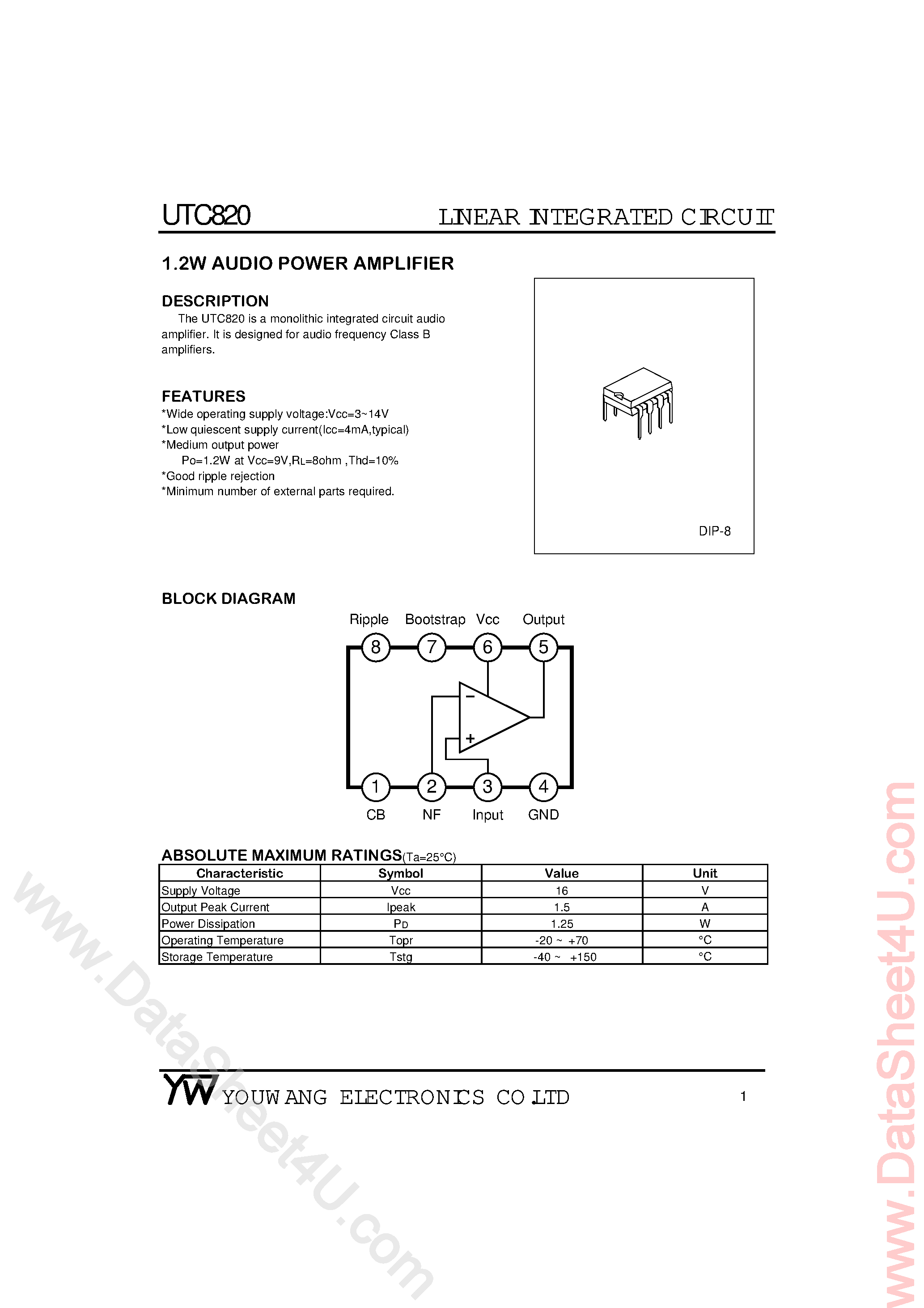 Даташит UTC820 - 1.2W Audio Power Amplifier страница 1