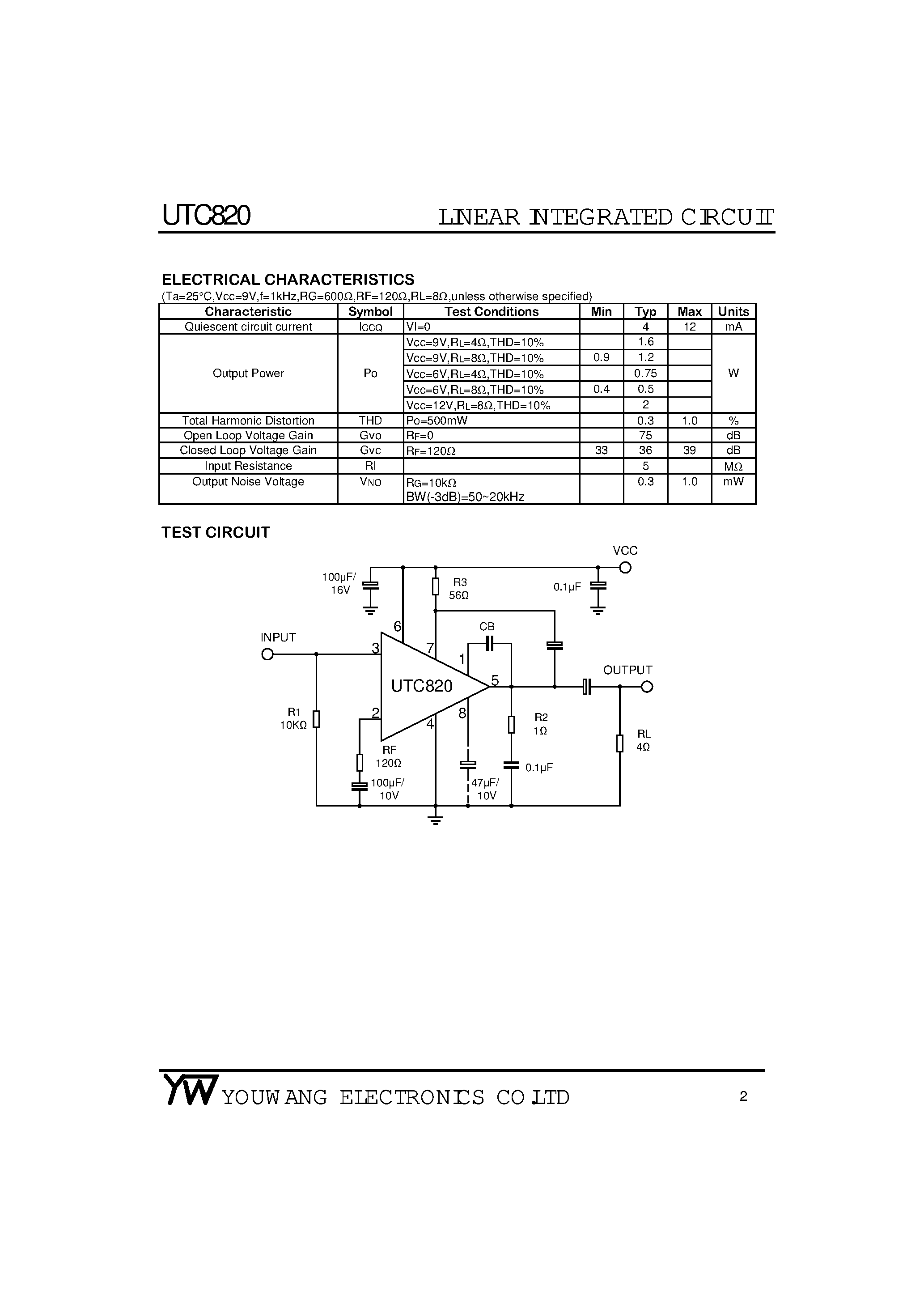 Даташит UTC820 - 1.2W Audio Power Amplifier страница 2